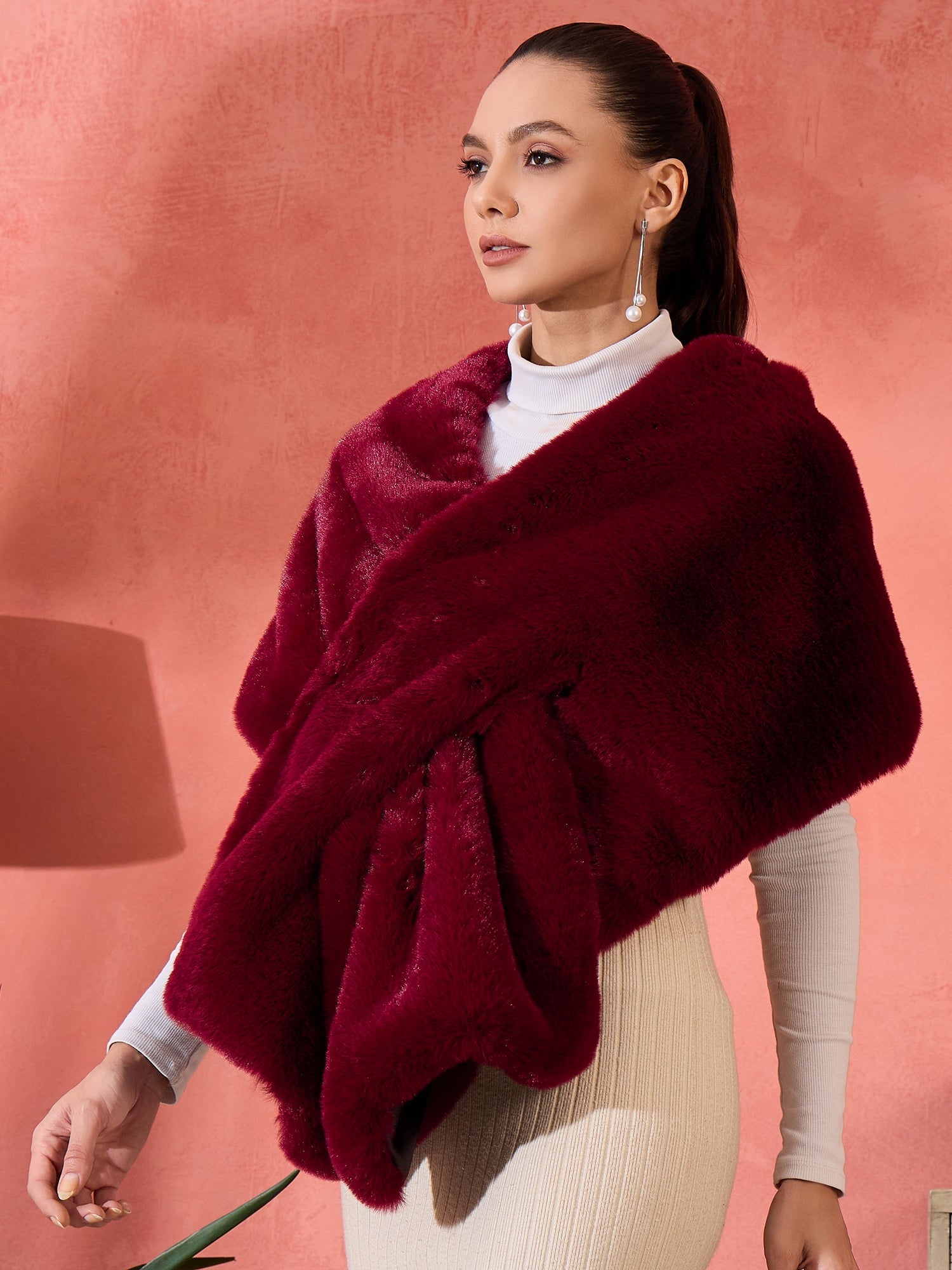 Women's Burgundy Faux Fur Cape - InWeave