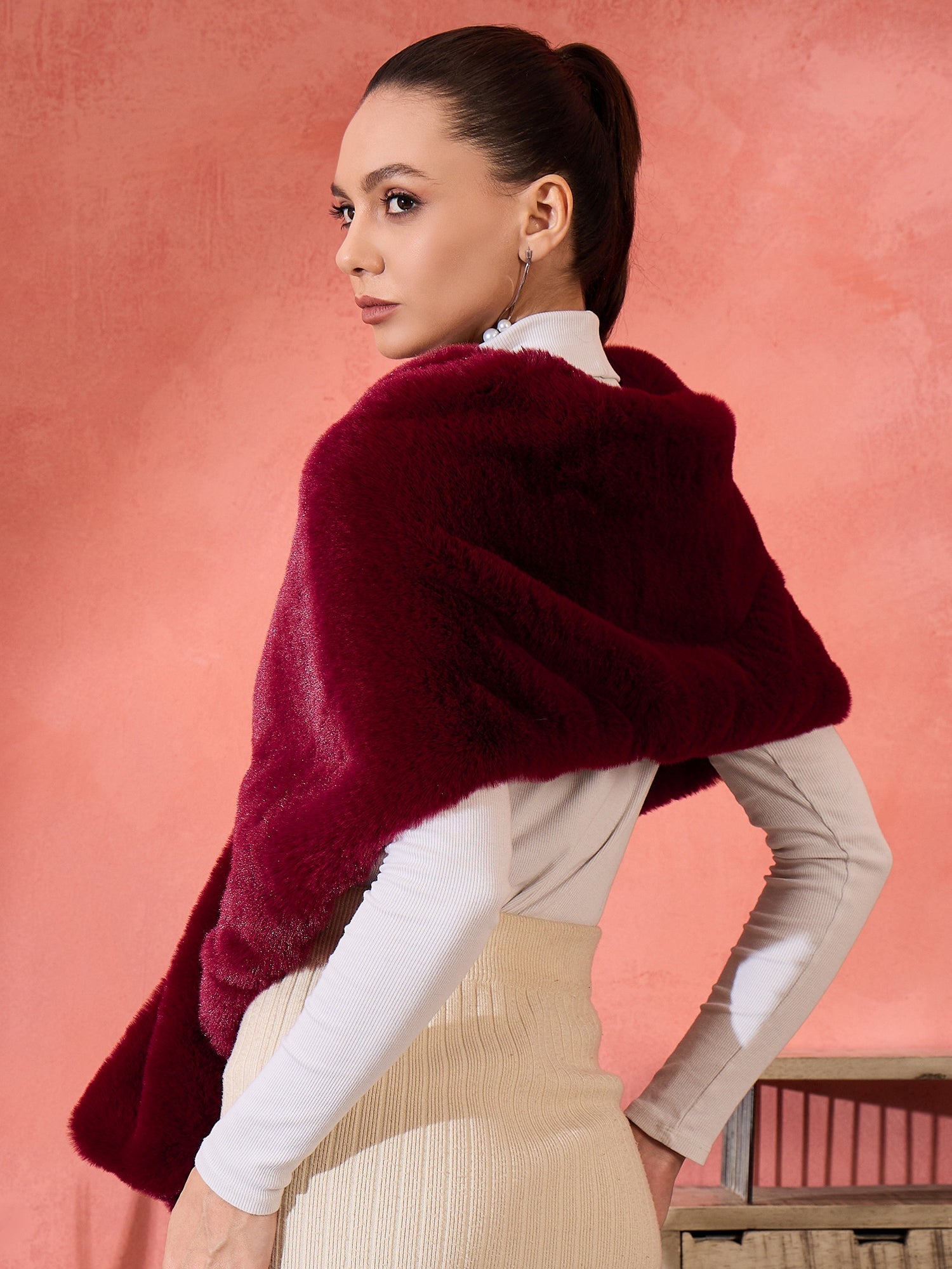 Women's Burgundy Faux Fur Cape - InWeave