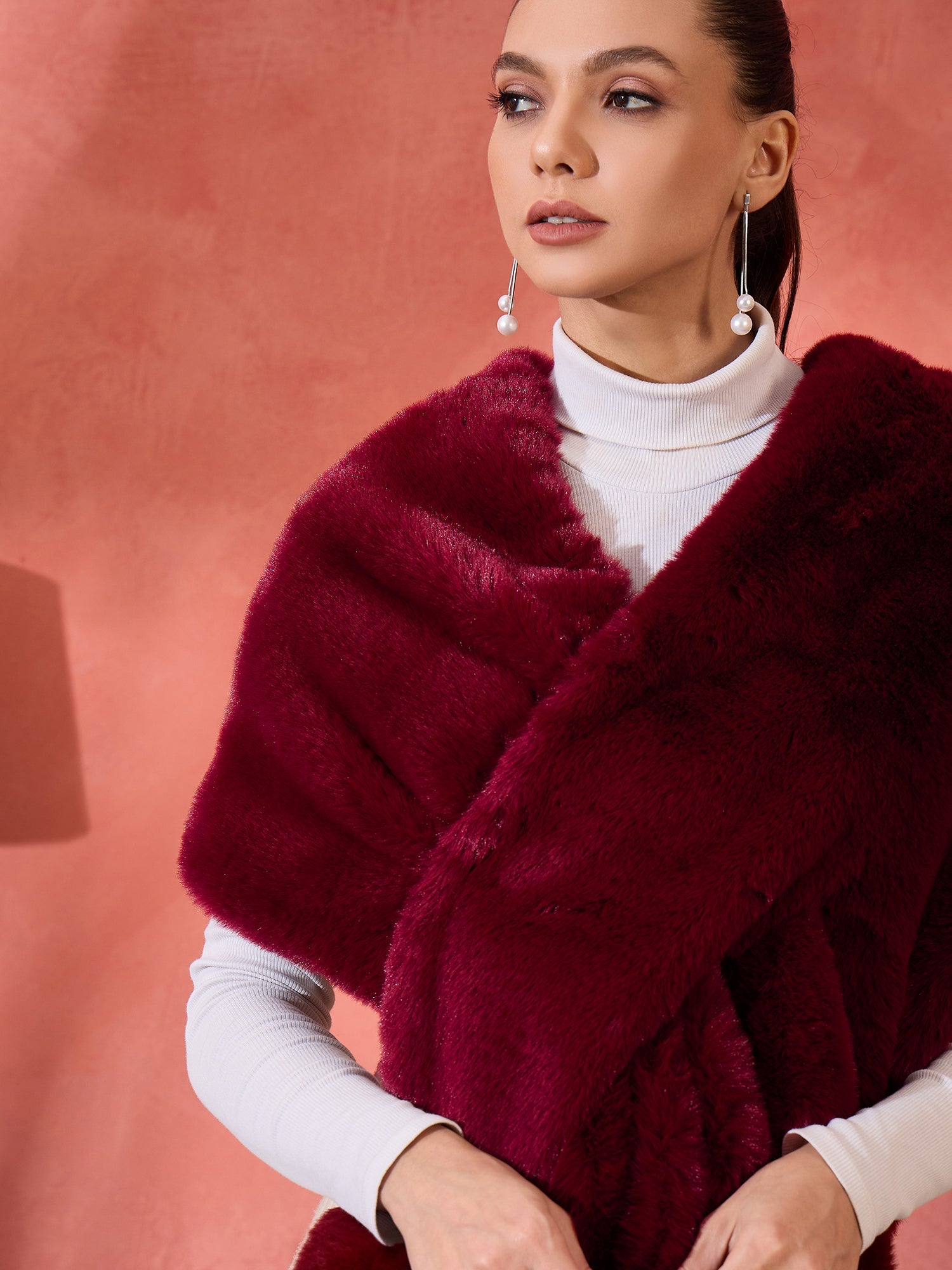 Women's Burgundy Faux Fur Cape - InWeave