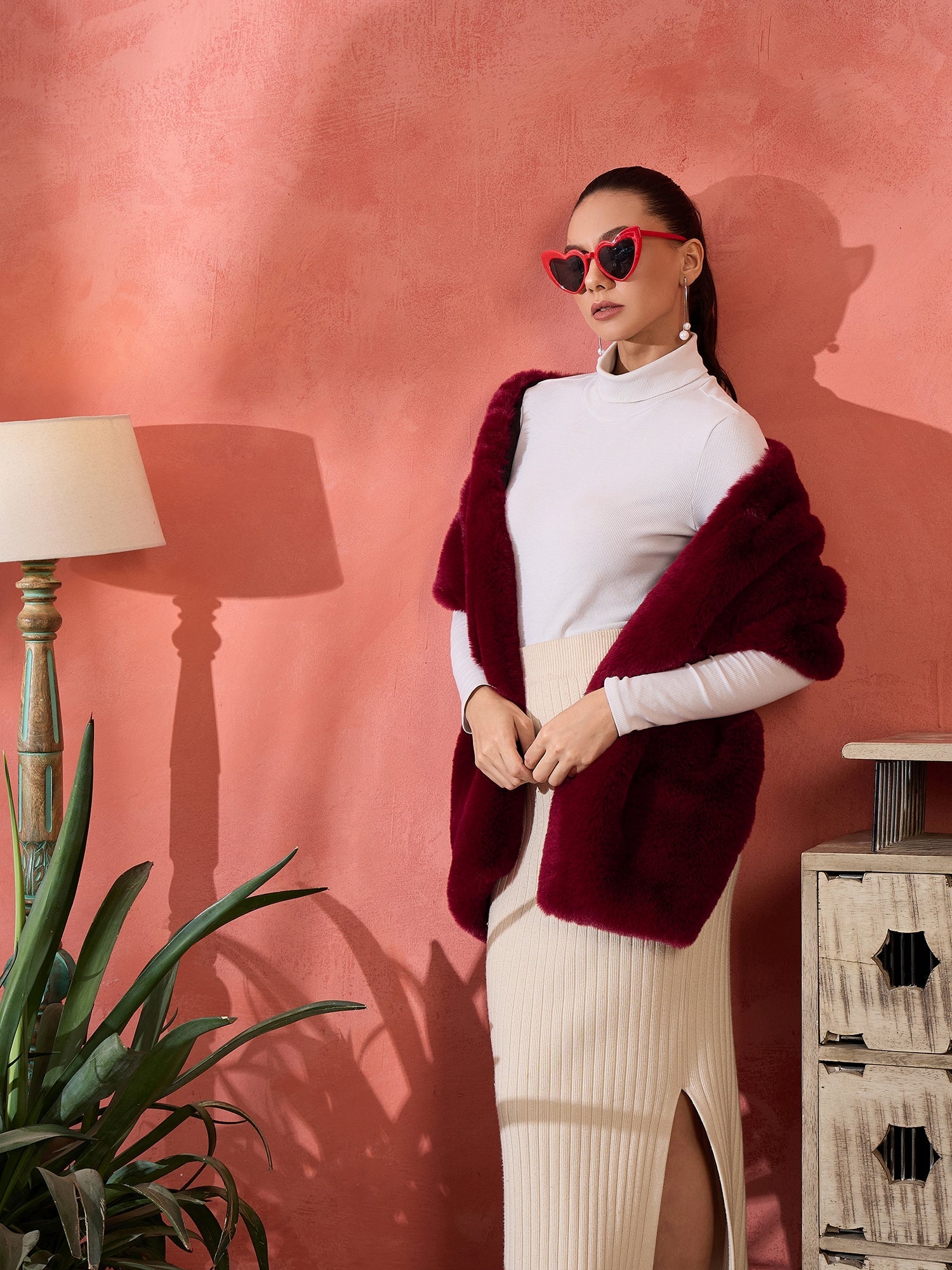 Women's Burgundy Faux Fur Cape - InWeave