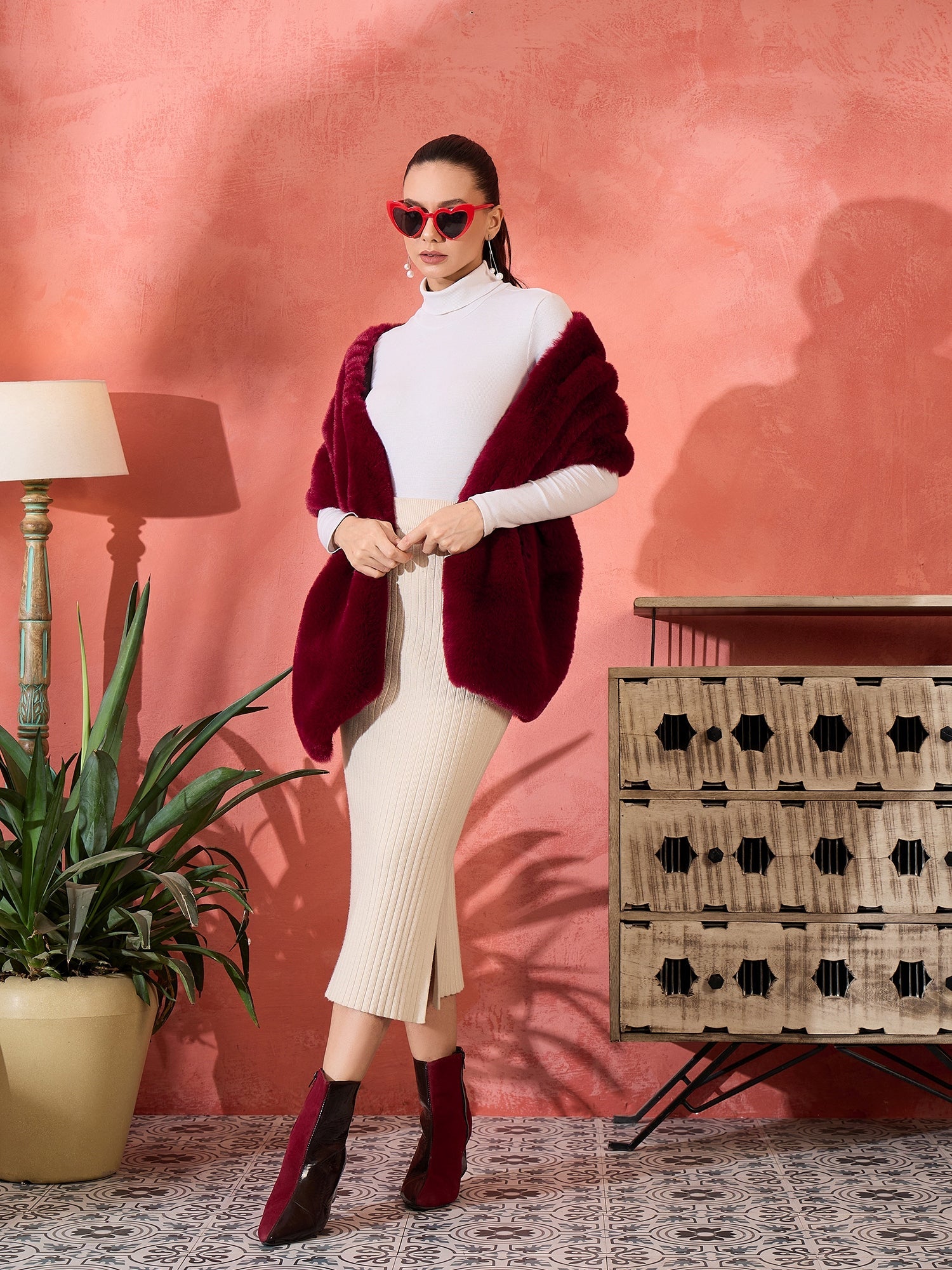 Women's Burgundy Faux Fur Cape - InWeave