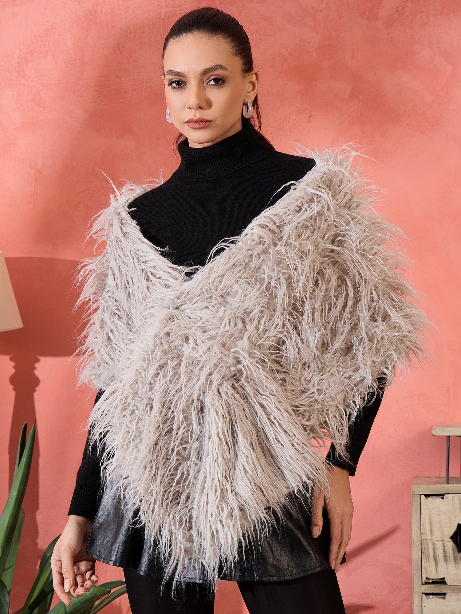 Women's Light Grey Thread Fur Cape - InWeave