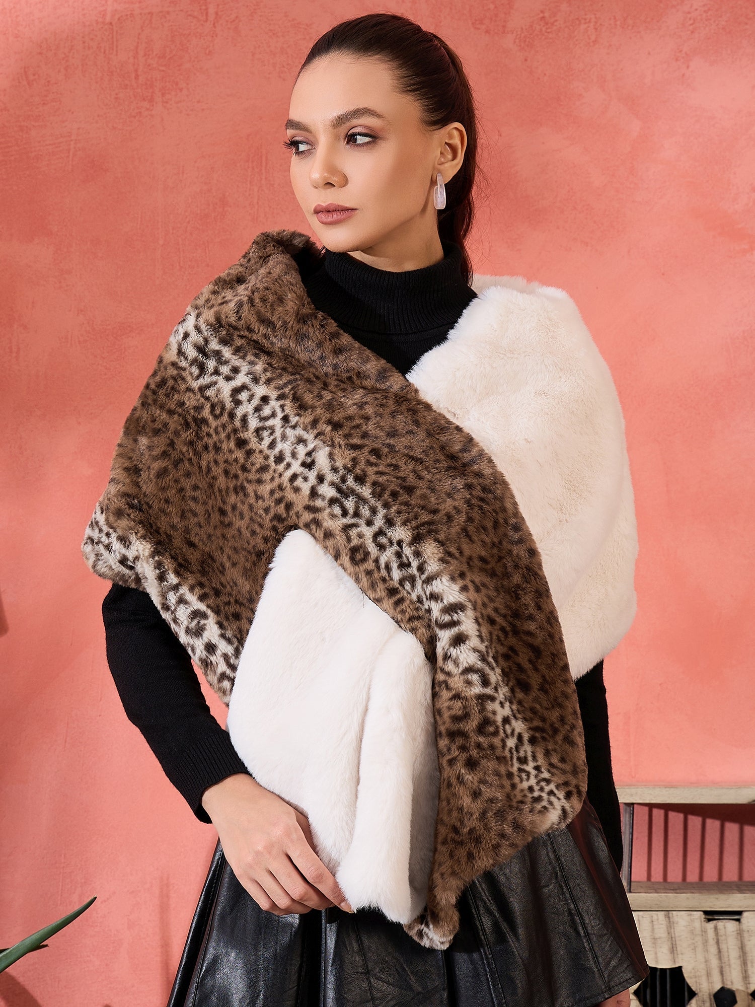 Women's Brown Leopard Half White Rabbit Faux  Fur Cape - InWeave