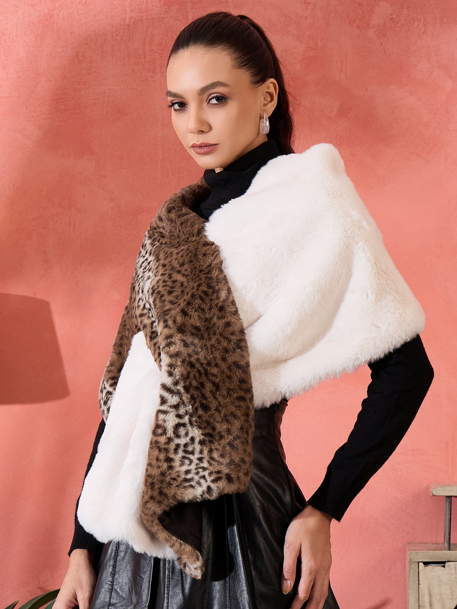 Women's Brown Leopard Half White Rabbit Faux  Fur Cape - InWeave