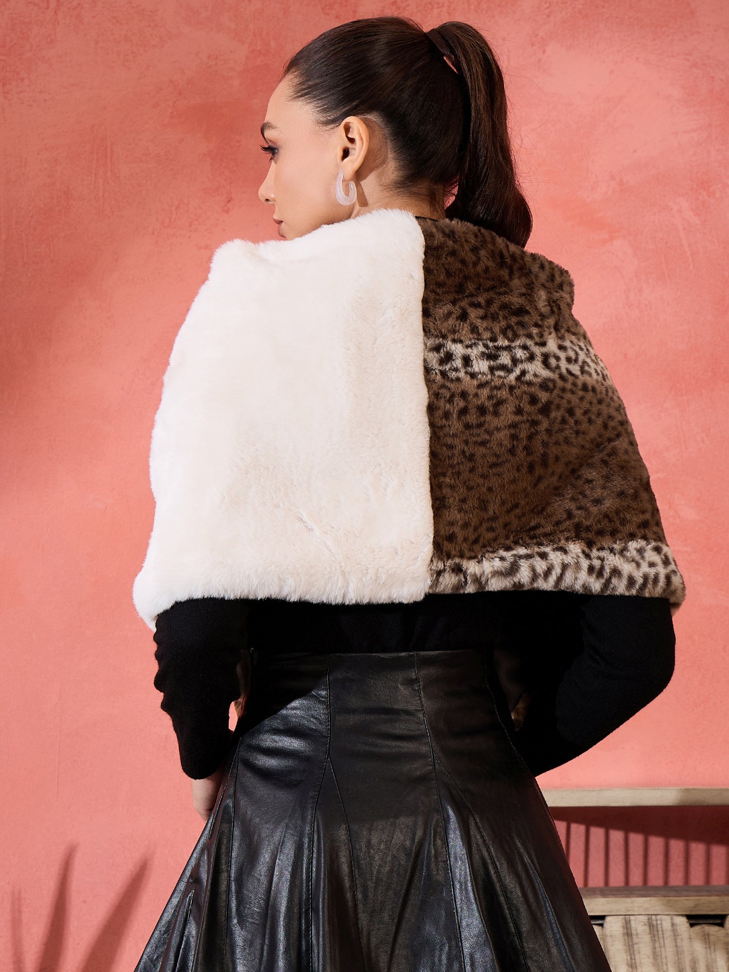 Women's Brown Leopard Half White Rabbit Faux  Fur Cape - InWeave