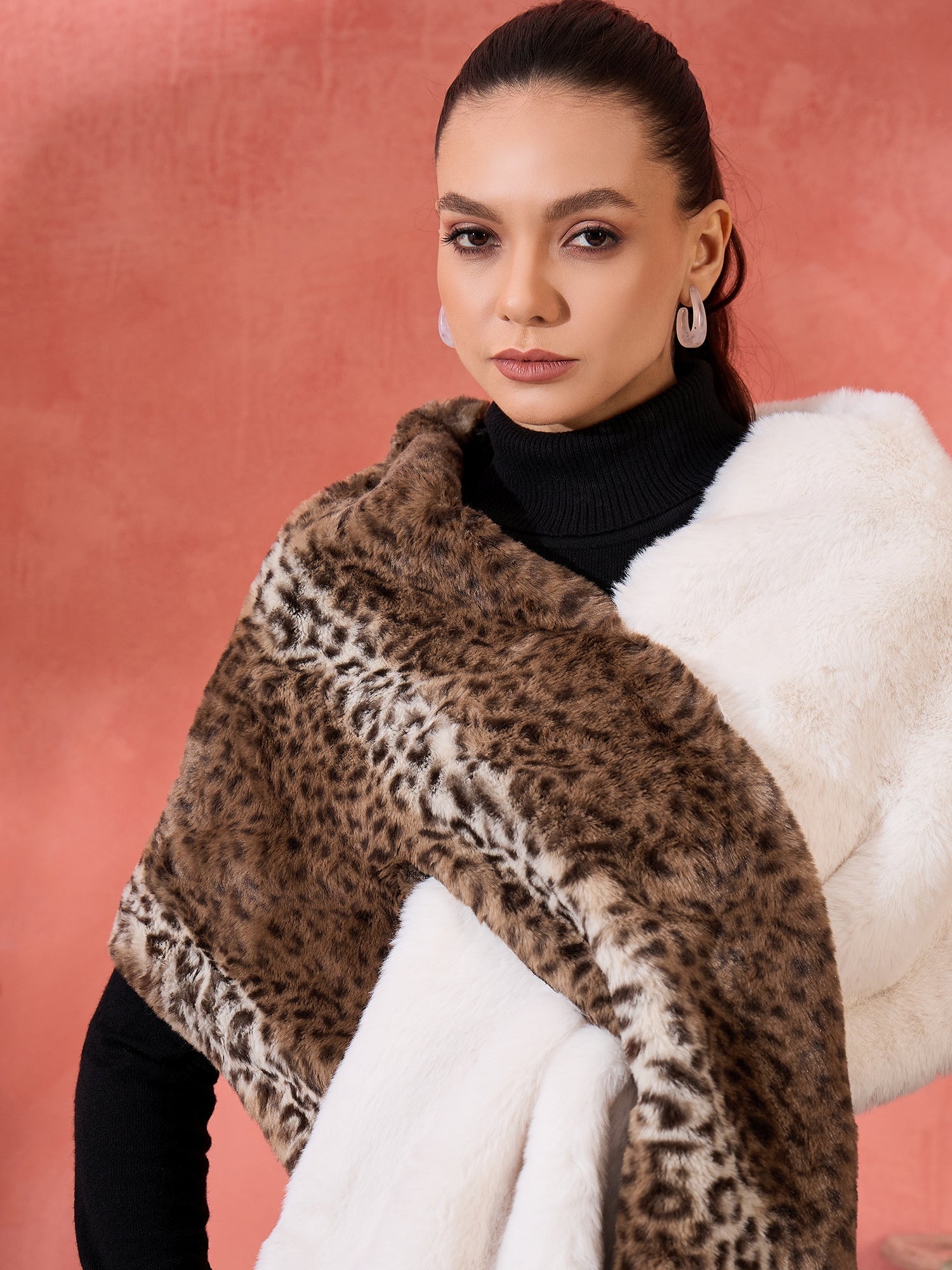 Women's Brown Leopard Half White Rabbit Faux  Fur Cape - InWeave