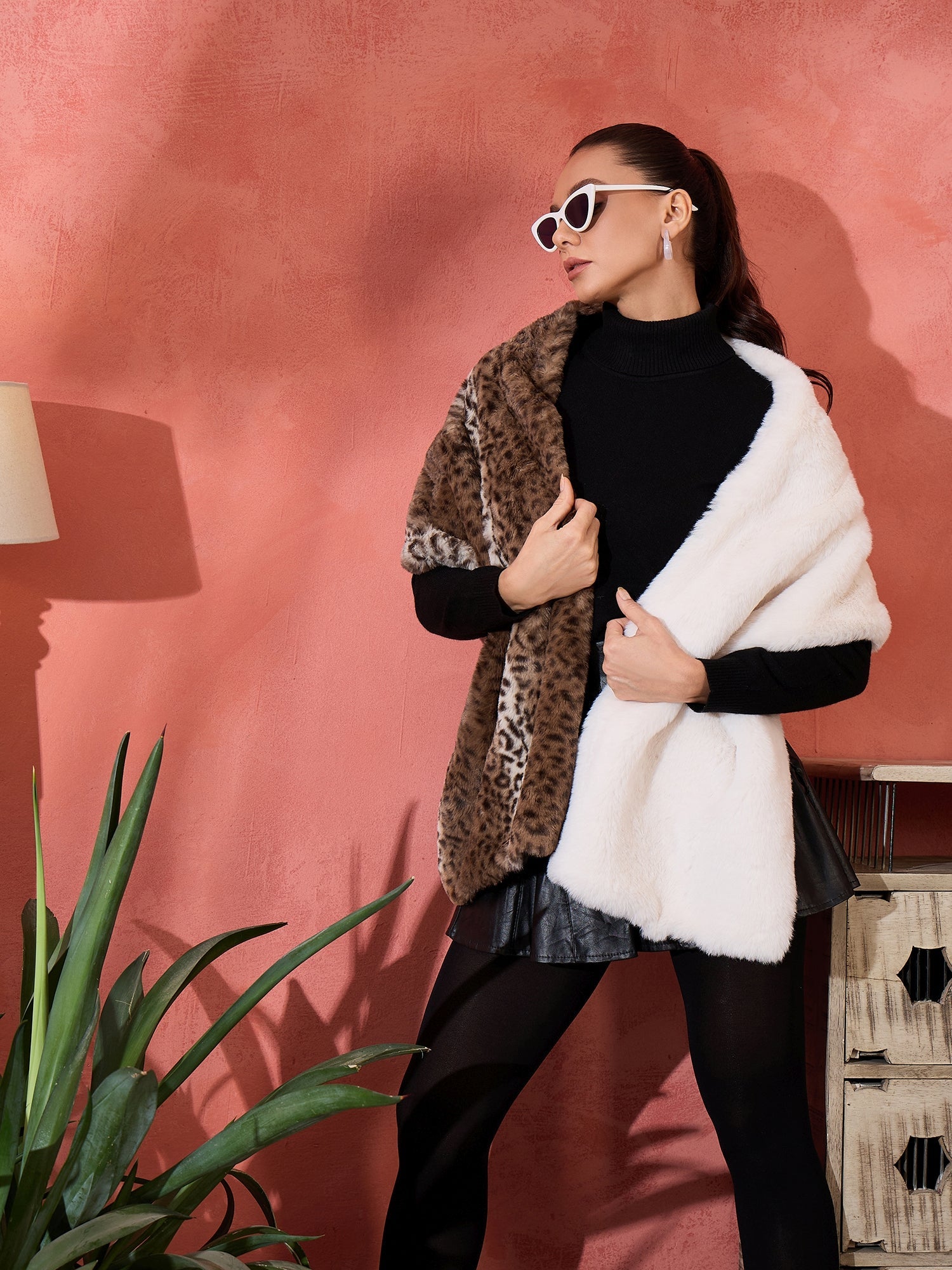 Women's Brown Leopard Half White Rabbit Faux  Fur Cape - InWeave