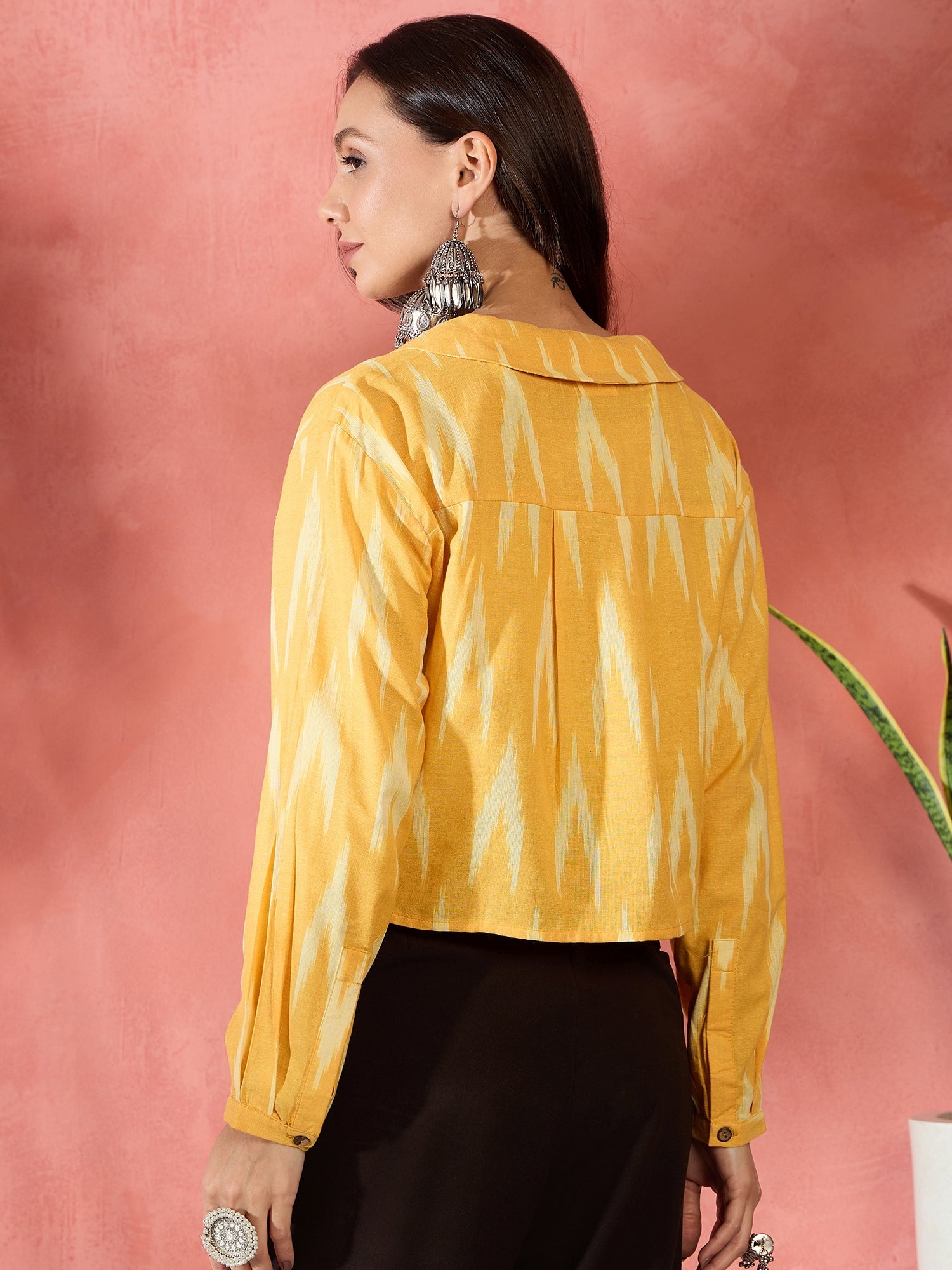 Women's Yellow Ikkat Collar Short Jacket - InWeave