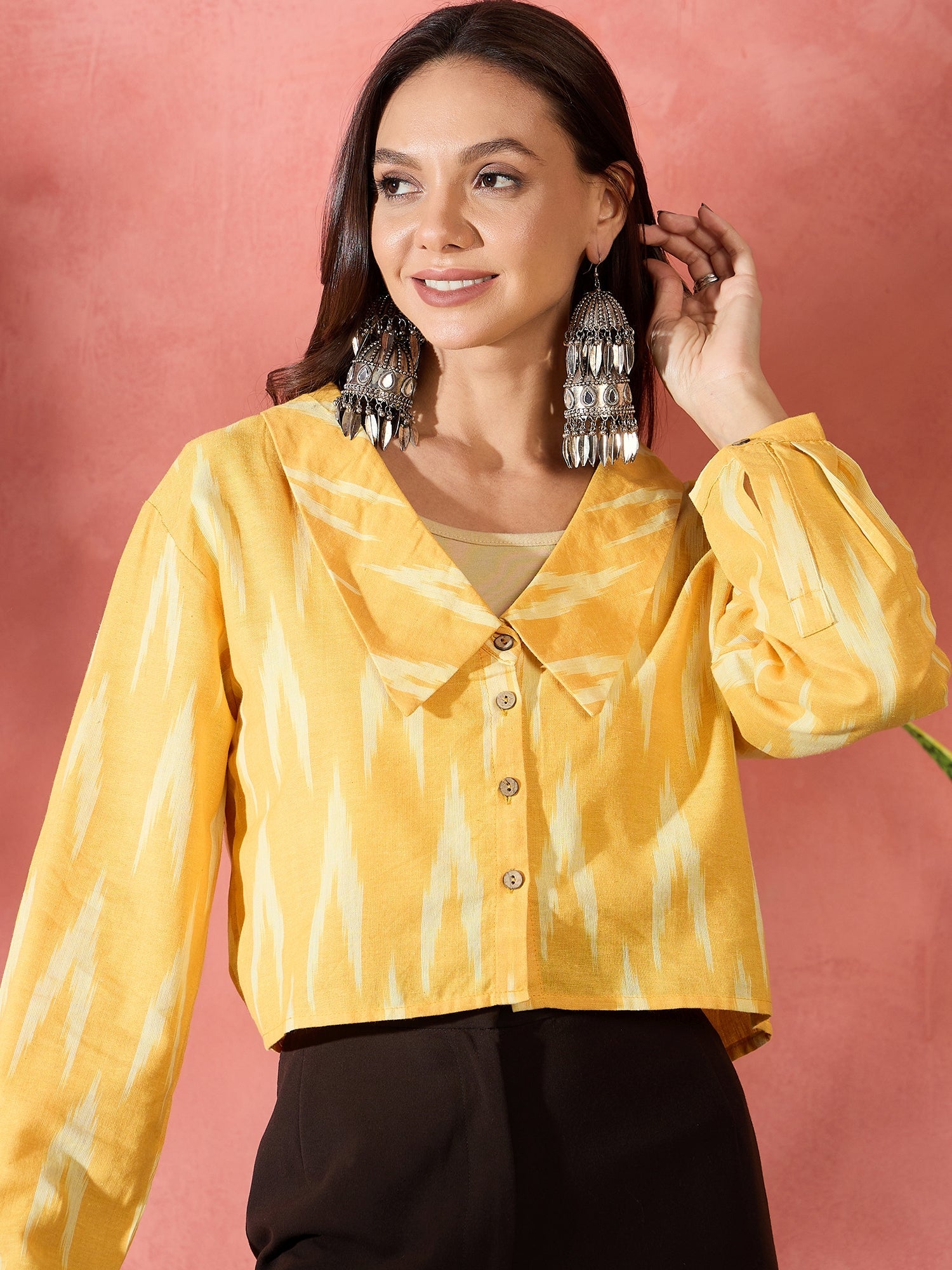 Women's Yellow Ikkat Collar Short Jacket - InWeave