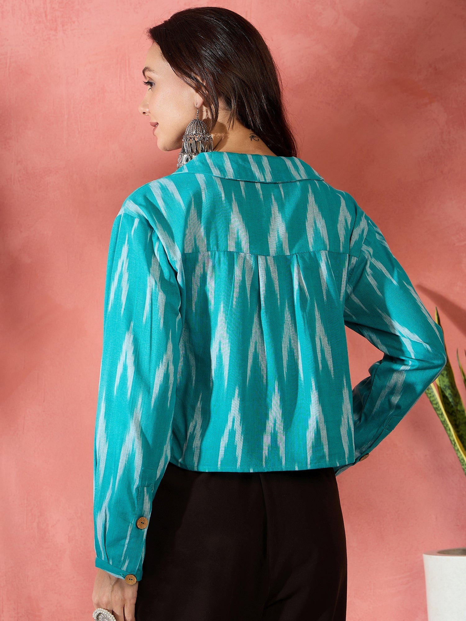 Women's Turquoise Ikkat Collar Short Jacket - InWeave