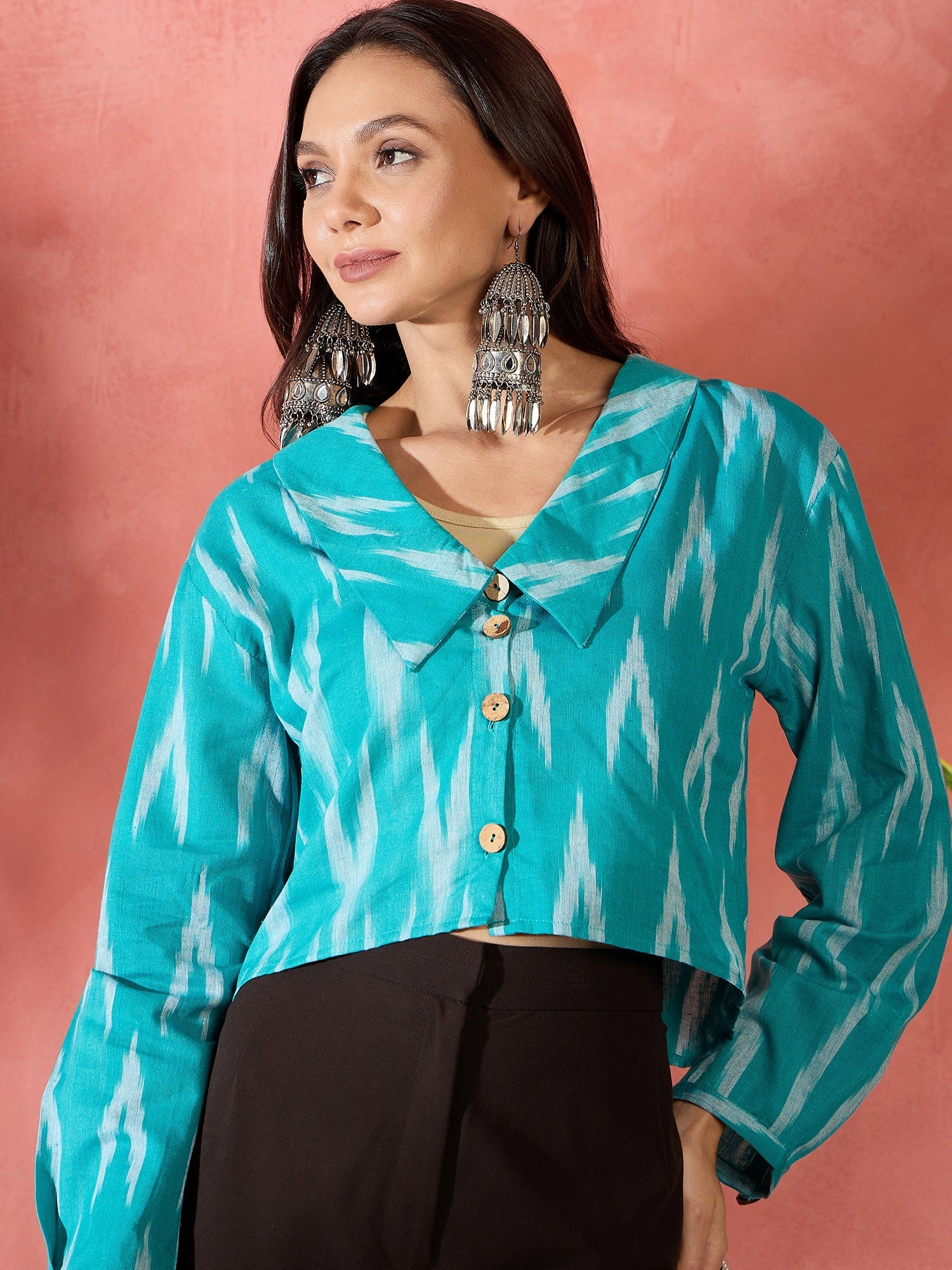 Women's Turquoise Ikkat Collar Short Jacket - InWeave