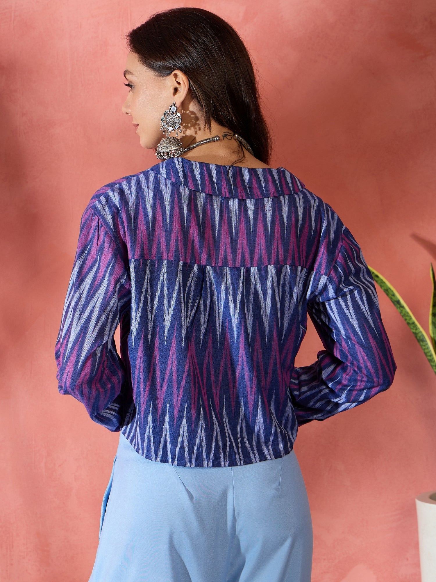 Women's Purple Blue Ikkat Collar Short Jacket - InWeave