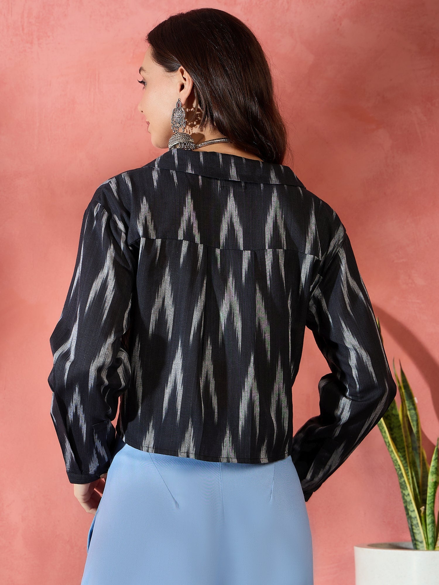 Women's Black Ikkat Collar Short Jacket
