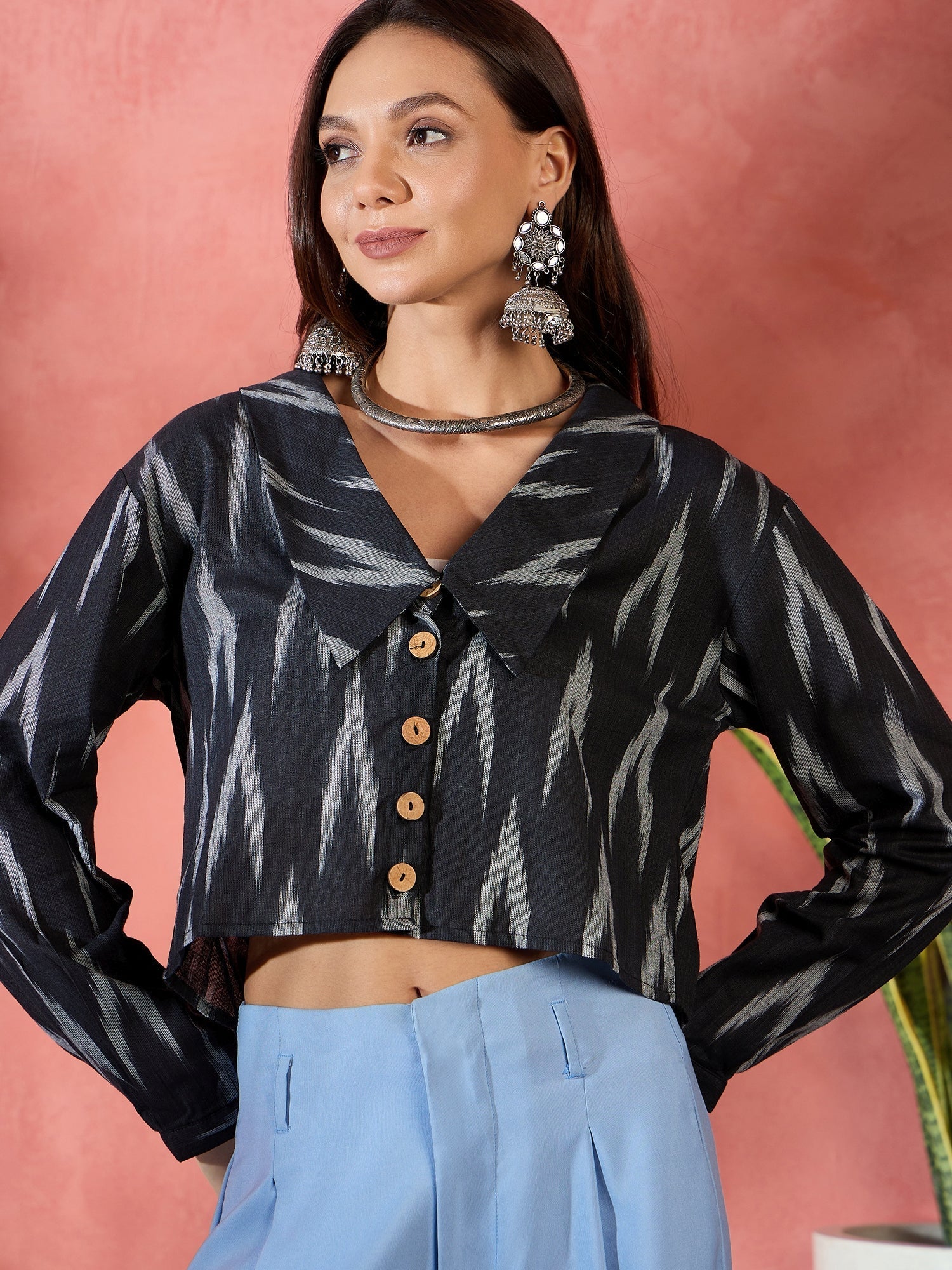 Women's Black Ikkat Collar Short Jacket