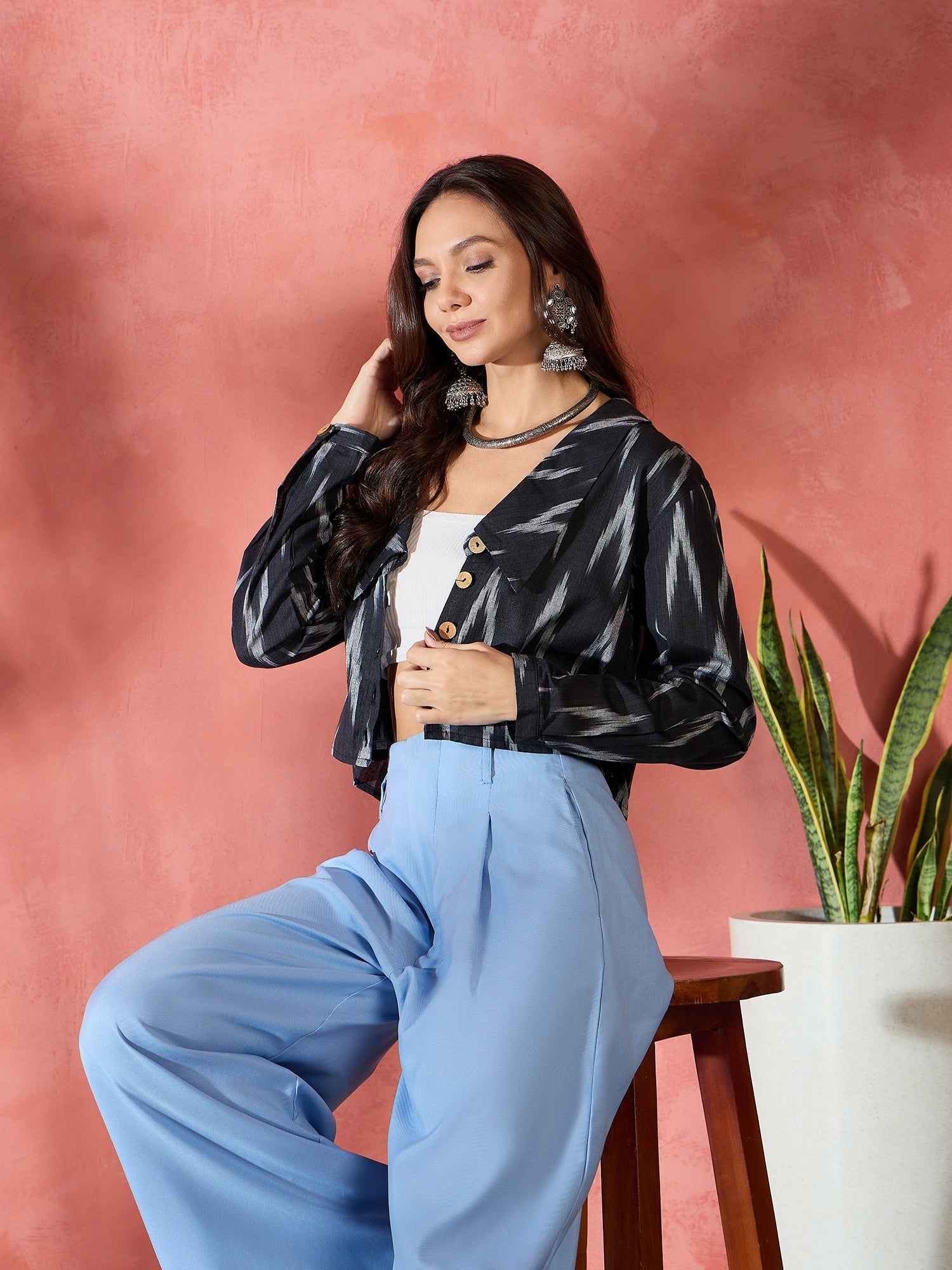 Women's Black Ikkat Collar Short Jacket