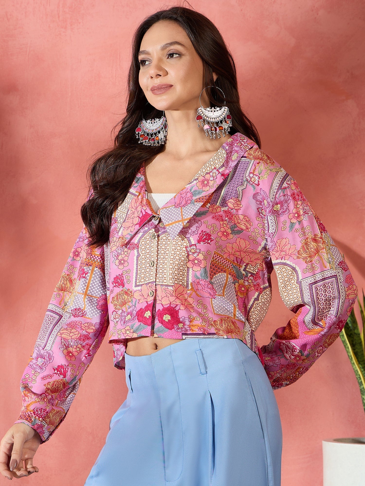 Women's Pink Window Print Collar Short Jacket - InWeave