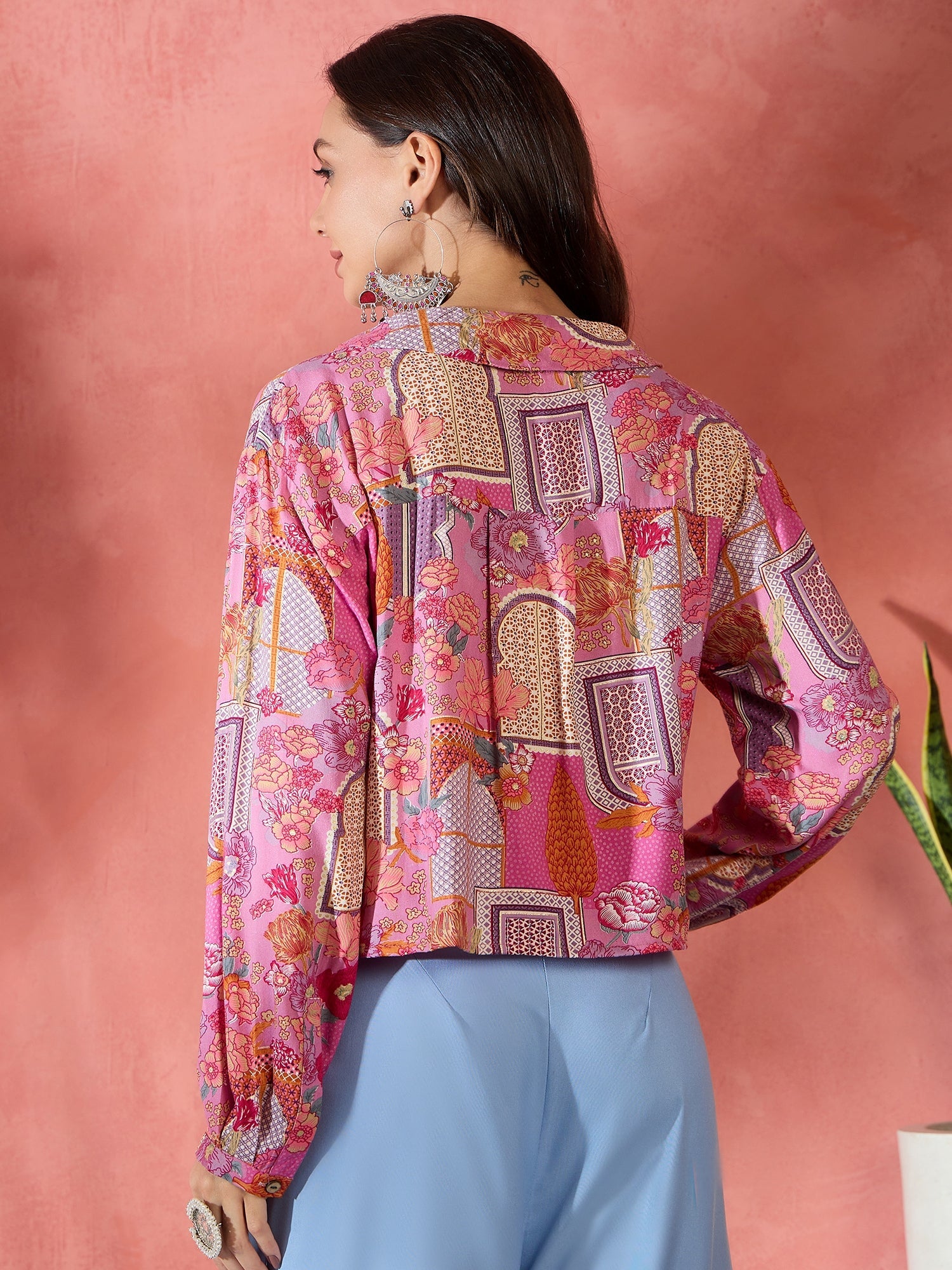 Women's Pink Window Print Collar Short Jacket - InWeave