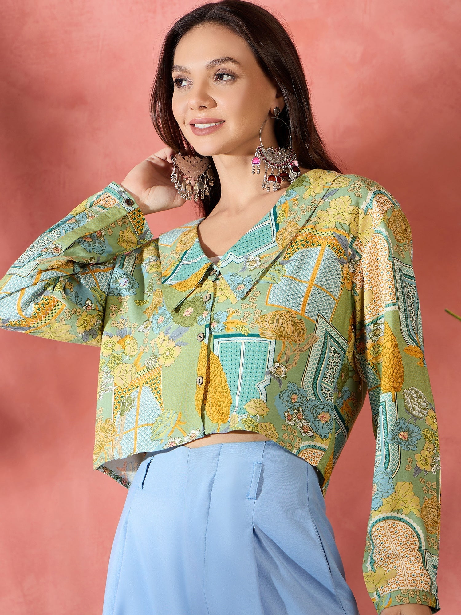 Women's Pear Green Window Print Collar Short Jacket - InWeave