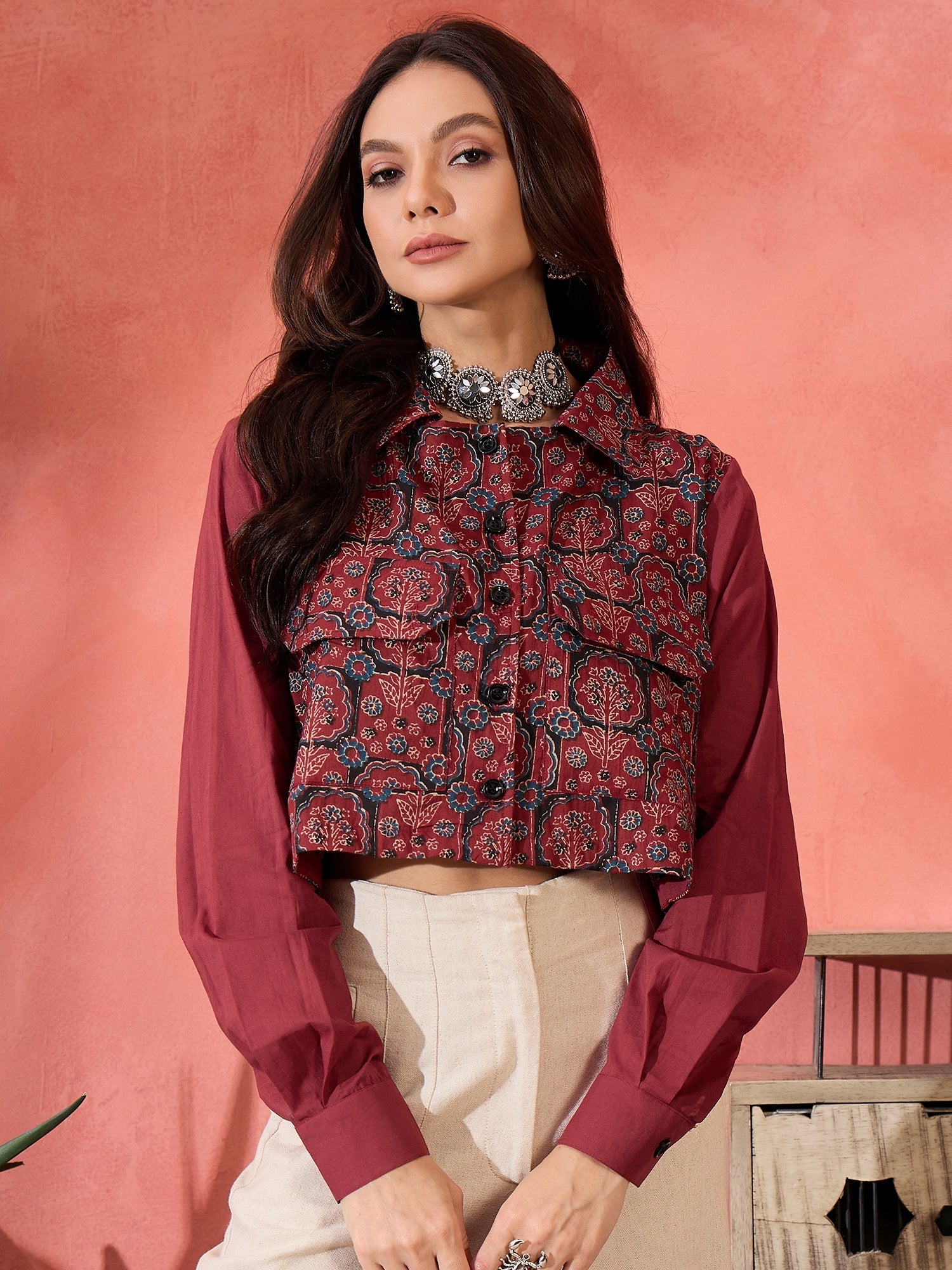 Women's Barn Red Blue Kalamkari Pocket Jacket - InWeave