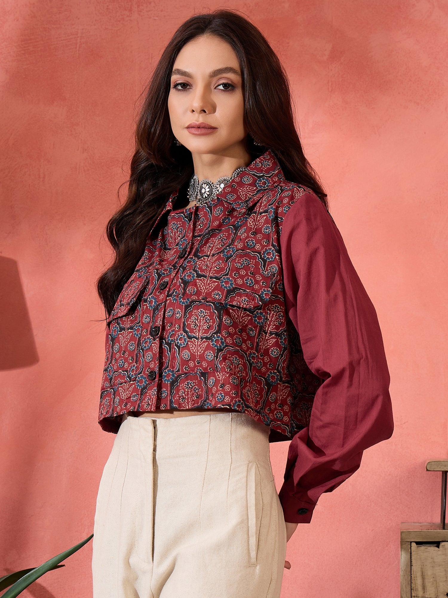 Women's Barn Red Blue Kalamkari Pocket Jacket - InWeave