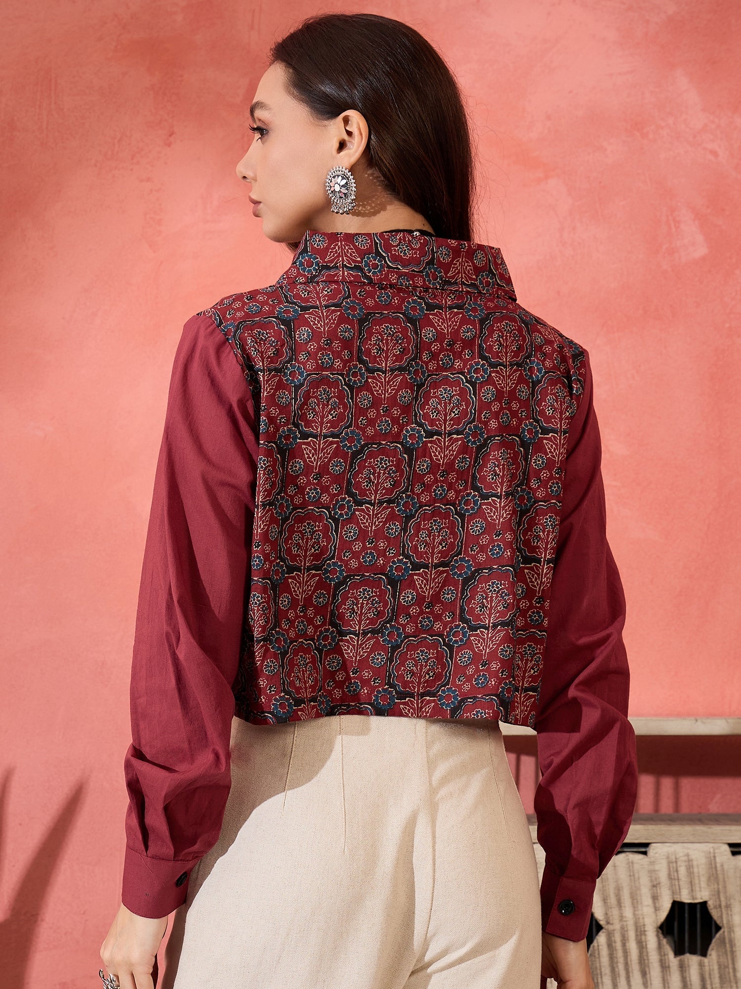 Women's Barn Red Blue Kalamkari Pocket Jacket - InWeave