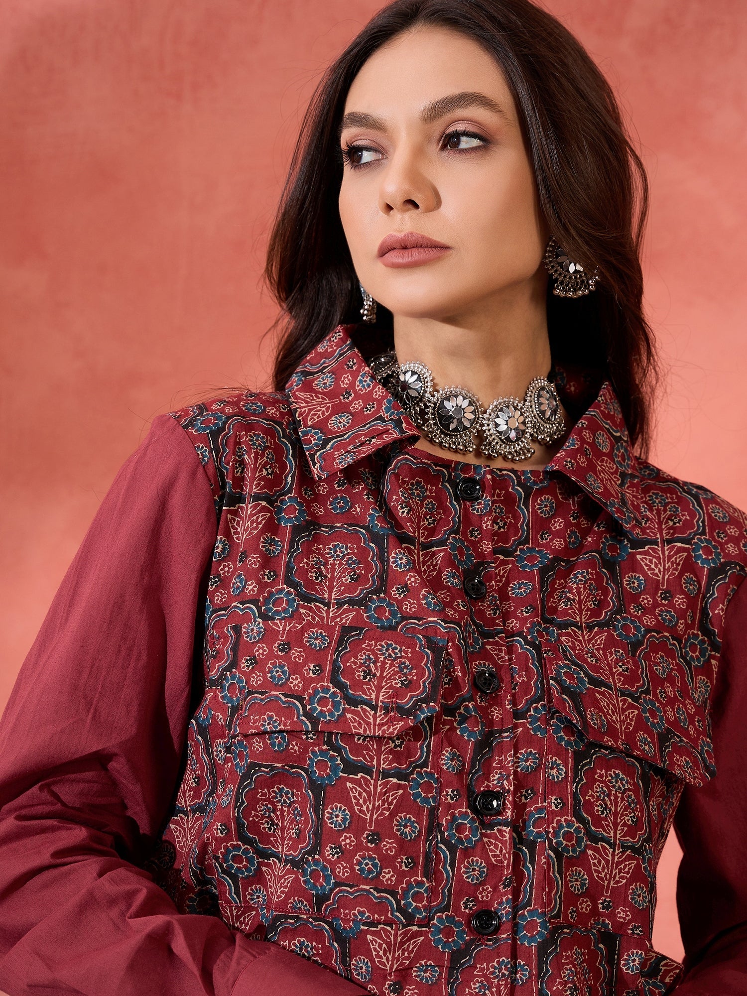 Women's Barn Red Blue Kalamkari Pocket Jacket - InWeave