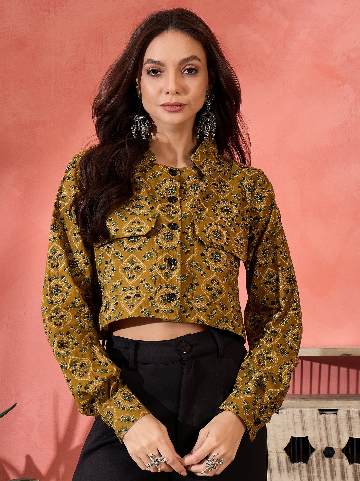 Women's Dark Yellow Kalamkari Pocket Jacket - InWeave