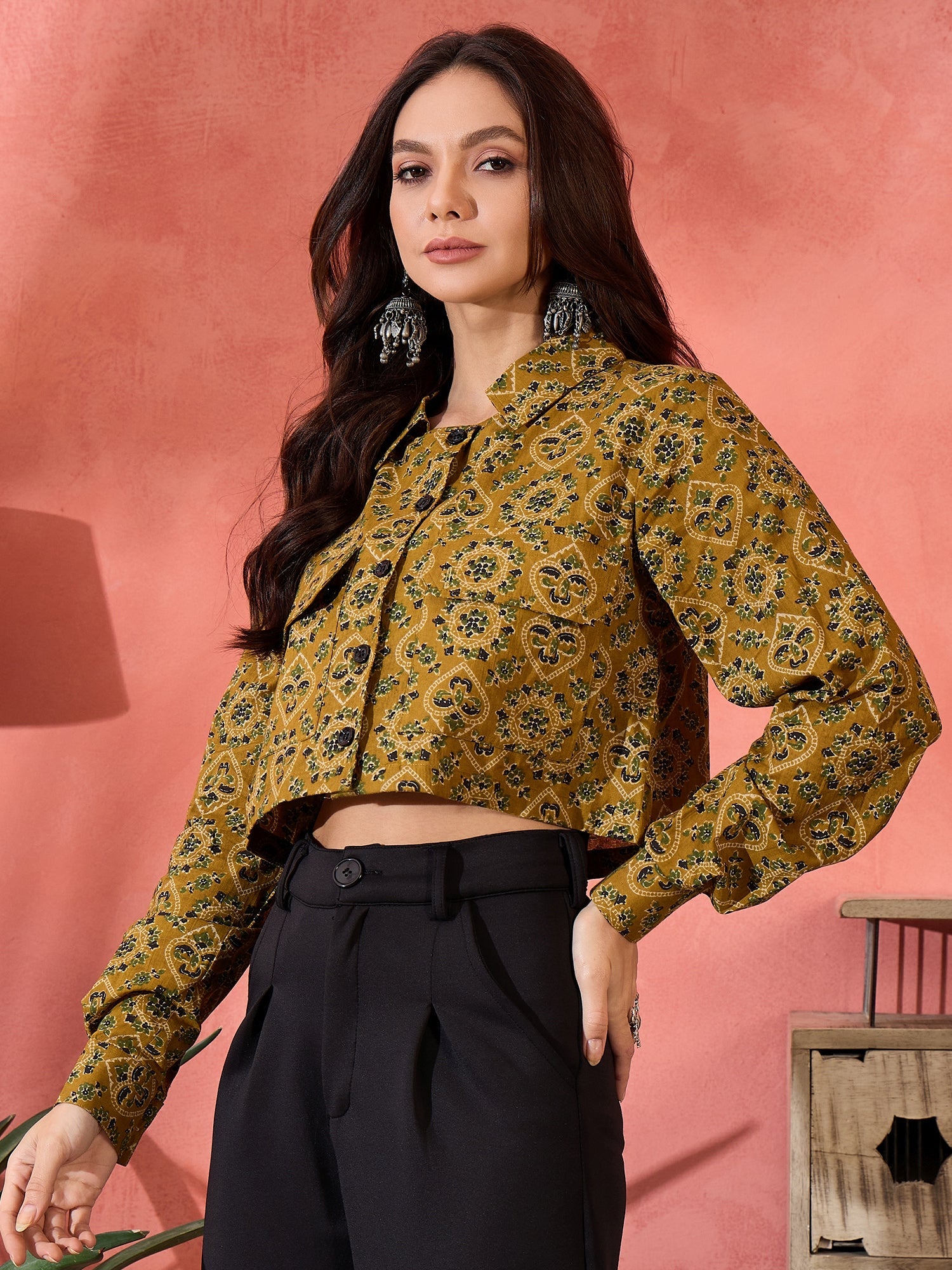 Women's Dark Yellow Kalamkari Pocket Jacket - InWeave