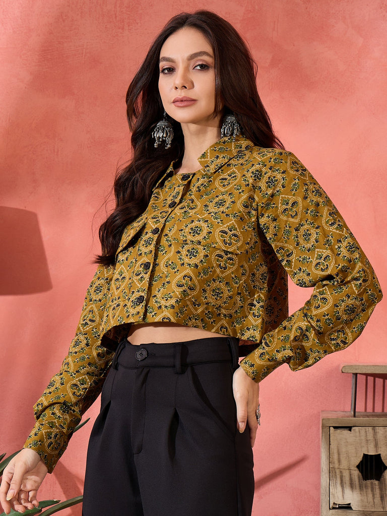 Women's Dark Yellow Kalamkari Pocket Jacket