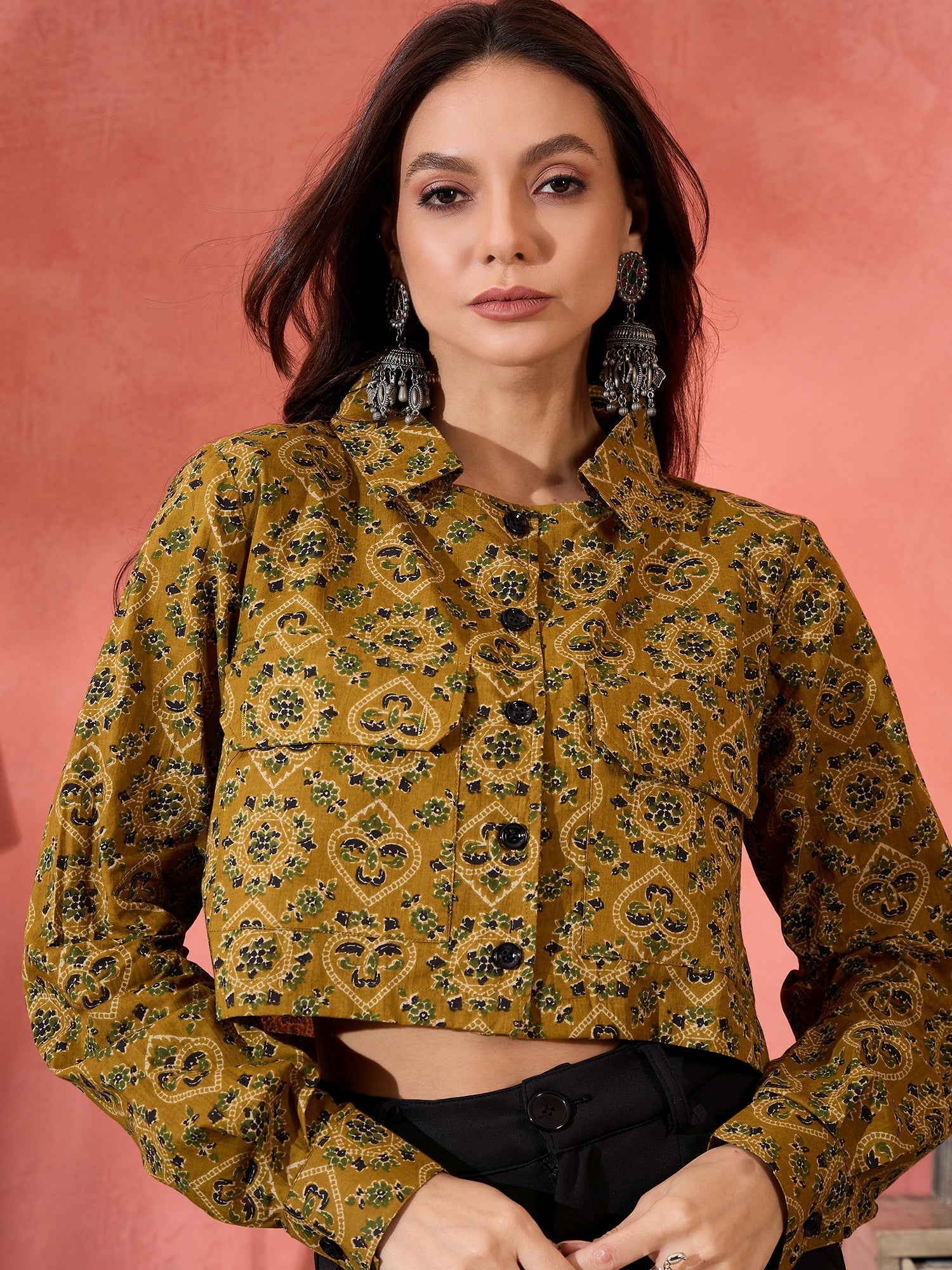 Women's Dark Yellow Kalamkari Pocket Jacket - InWeave