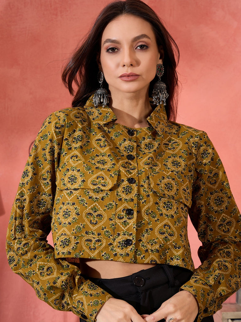 Women's Dark Yellow Kalamkari Pocket Jacket