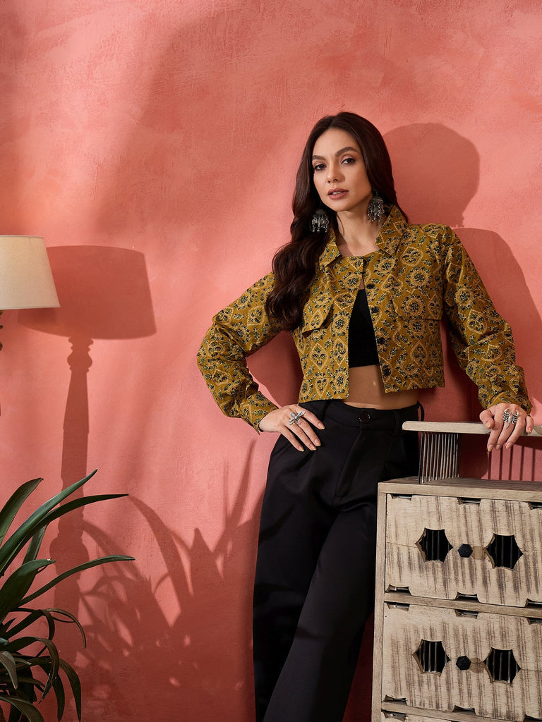 Women's Dark Yellow Kalamkari Pocket Jacket