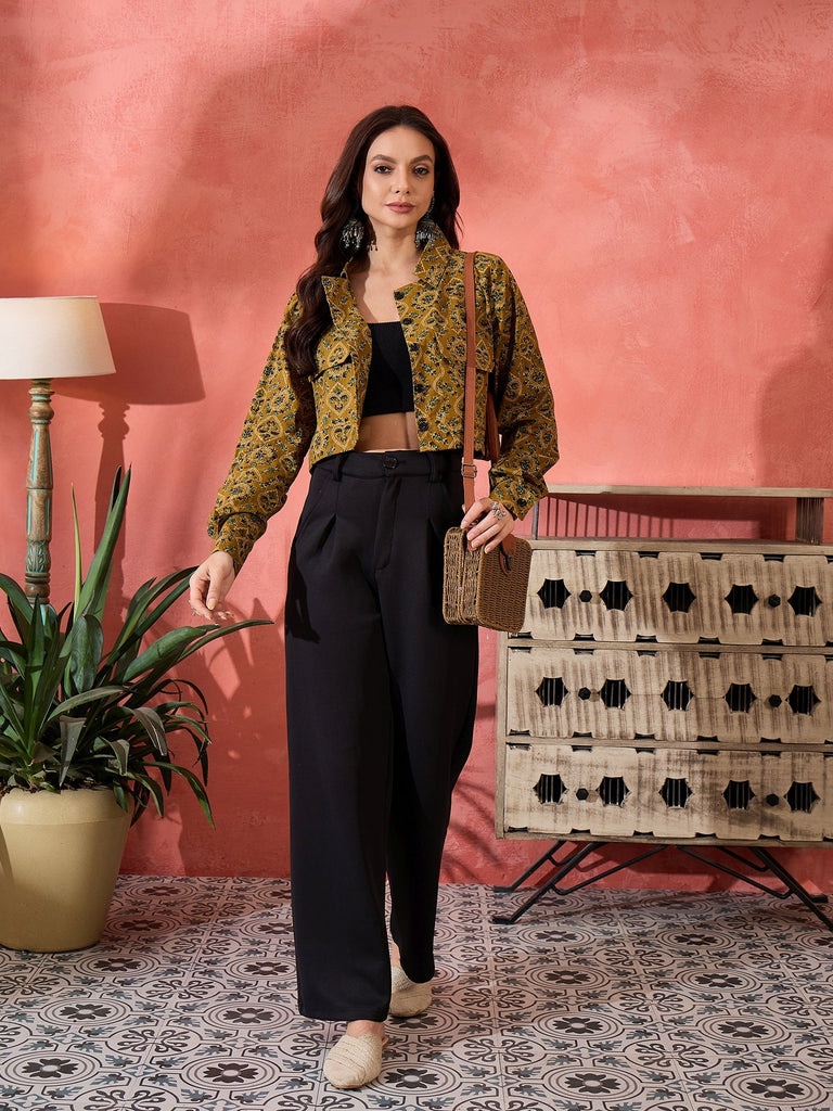 Women's Dark Yellow Kalamkari Pocket Jacket