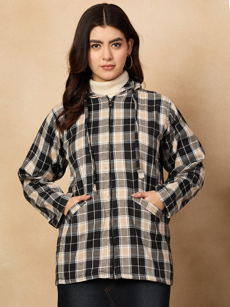 Women's Black Beige Check Zipper Hoodie