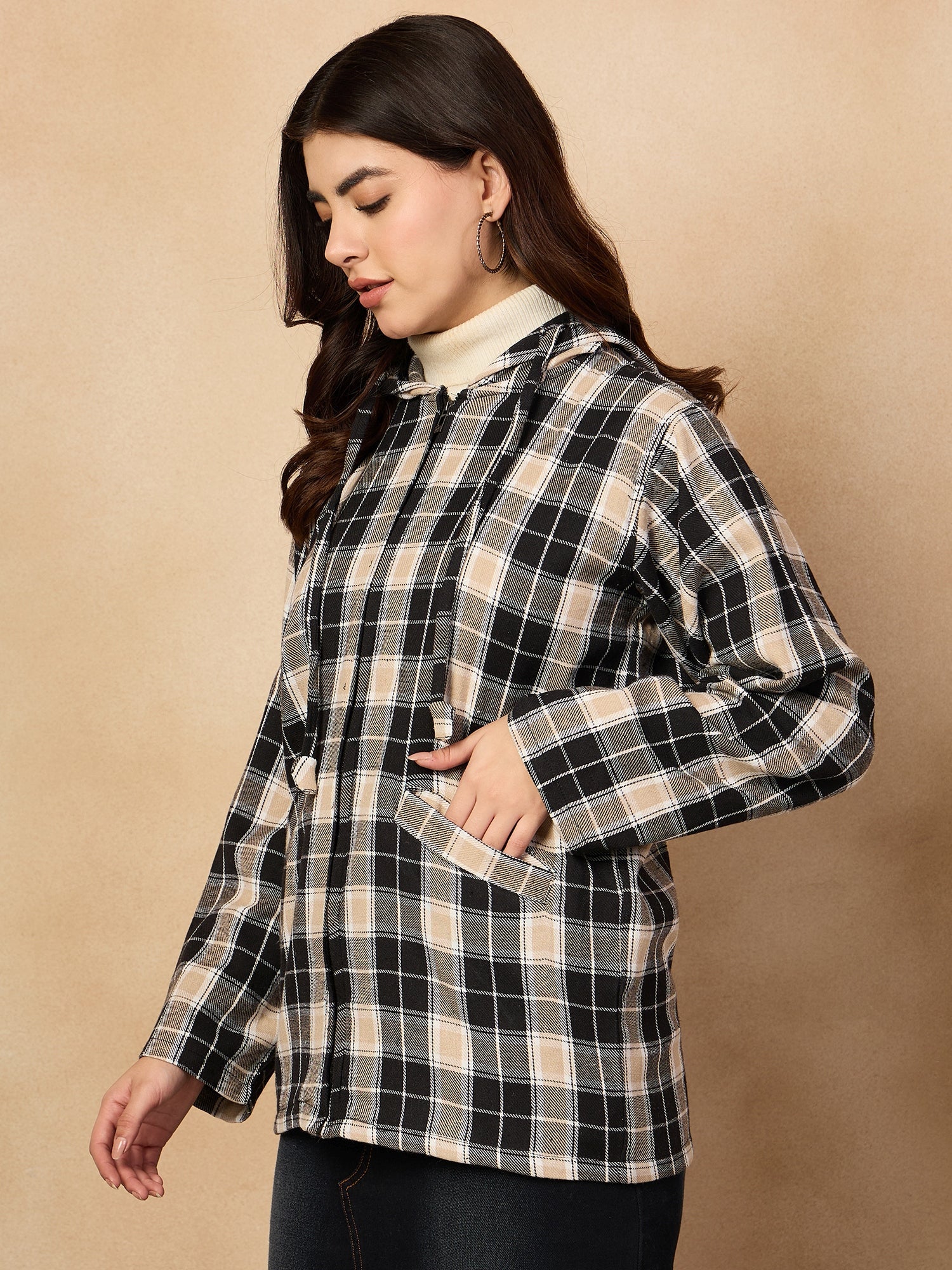 Women's Black Beige Check Zipper Hoodie - InWeave