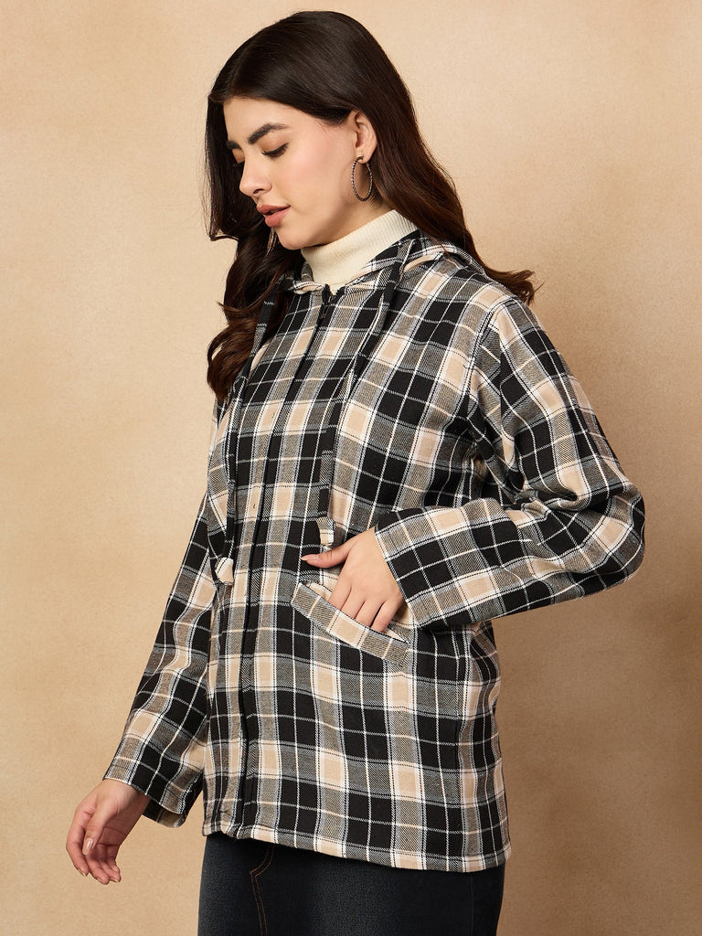 Women's Black Beige Check Zipper Hoodie