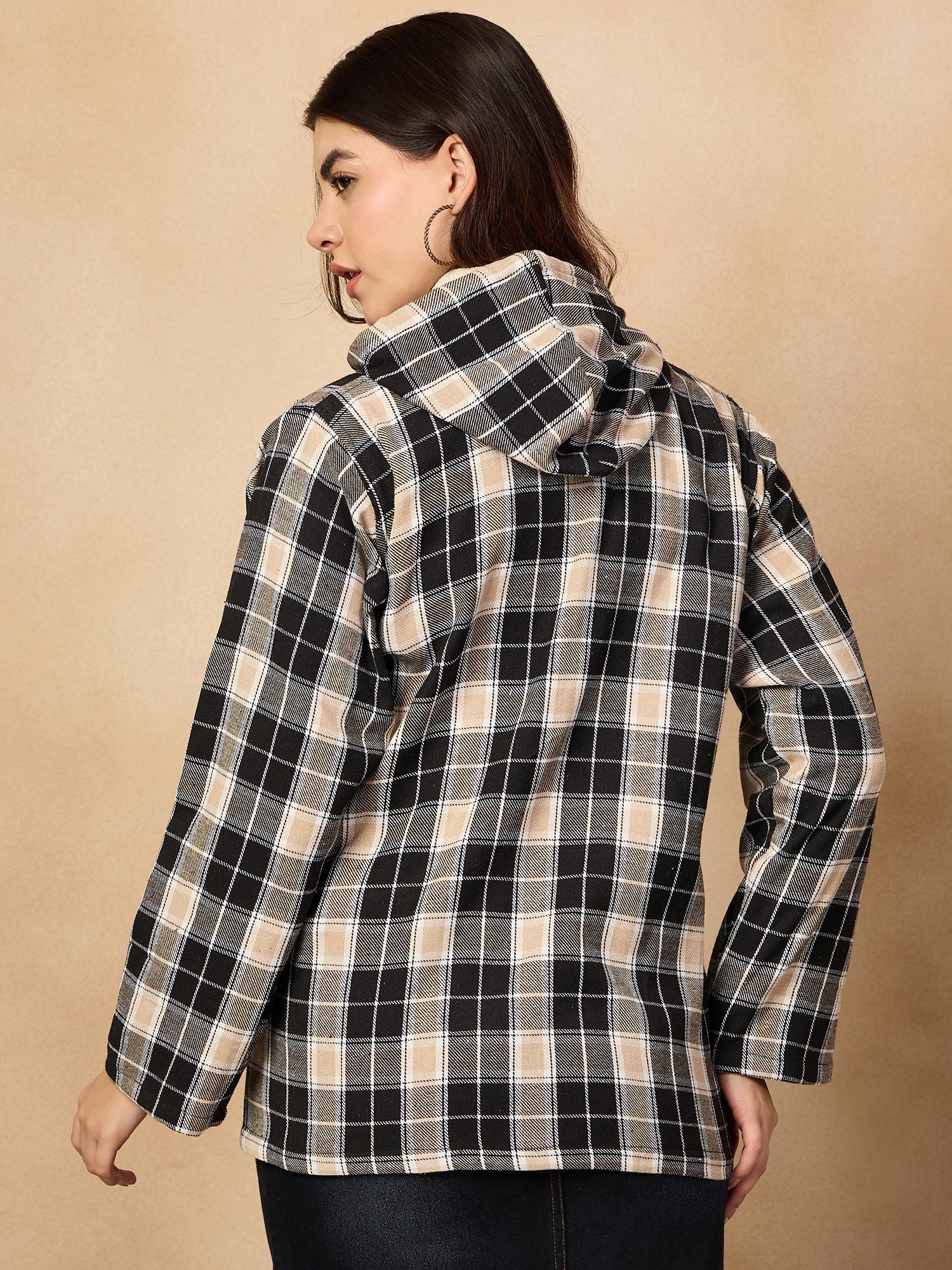 Women's Black Beige Check Zipper Hoodie - InWeave