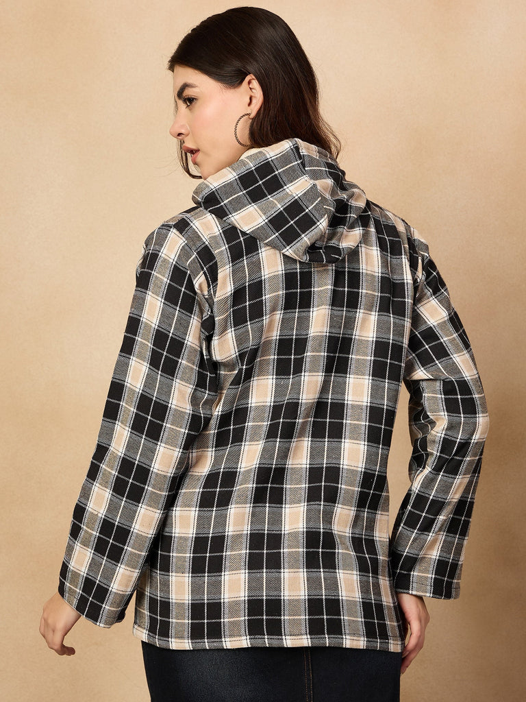 Women's Black Beige Check Zipper Hoodie