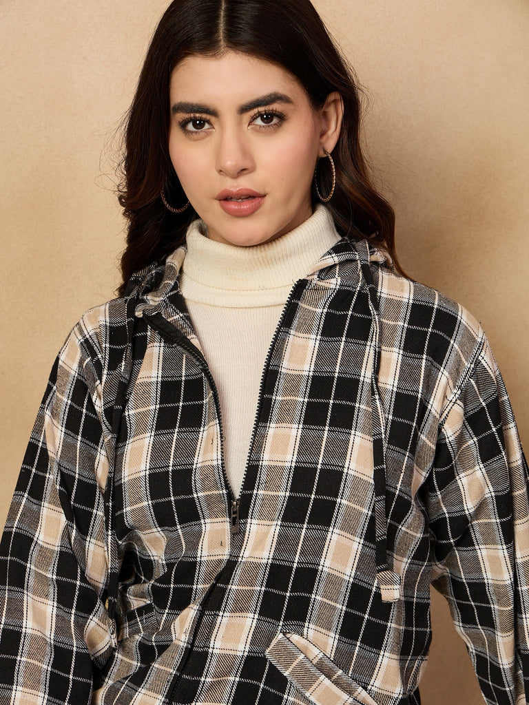 Women's Black Beige Check Zipper Hoodie