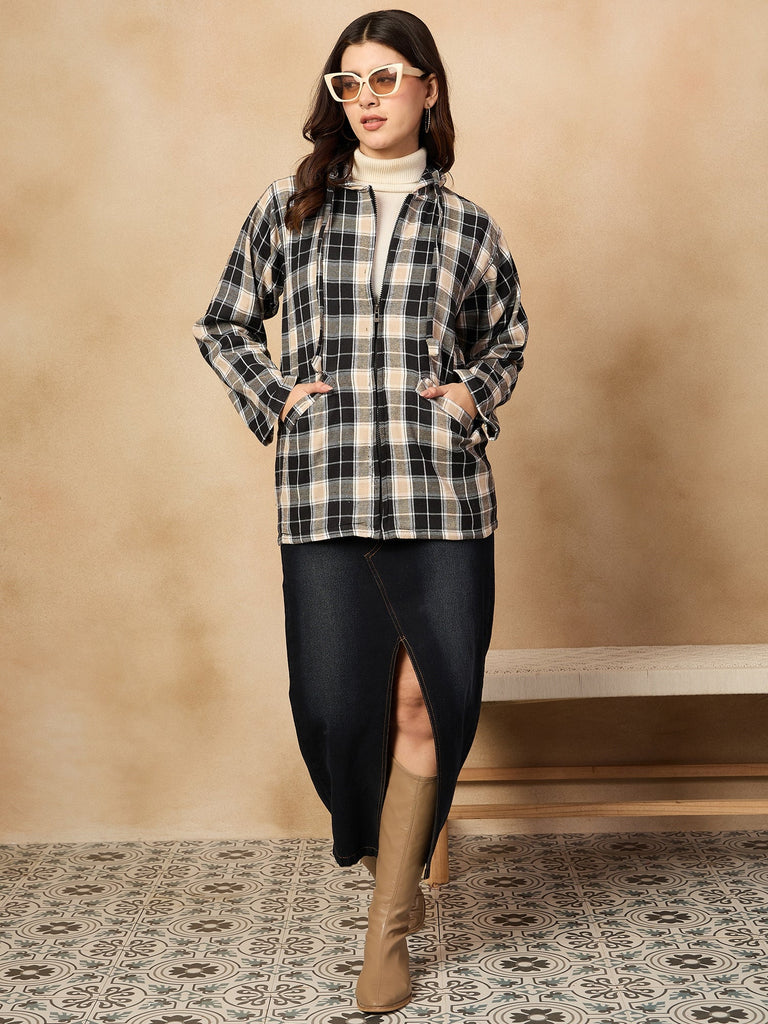 Women's Black Beige Check Zipper Hoodie