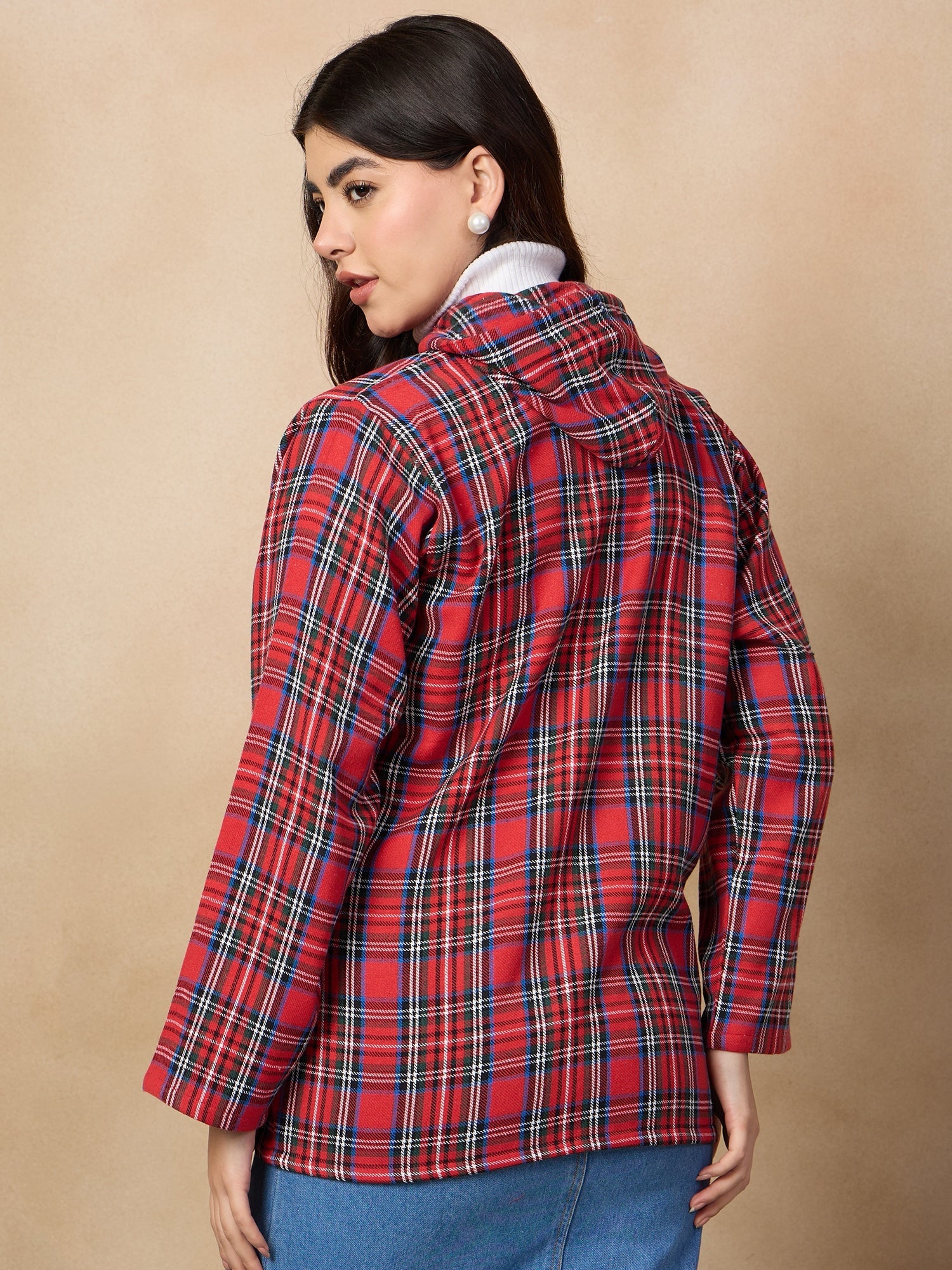 Women's Red Green Check Zipper Hoodie - InWeave