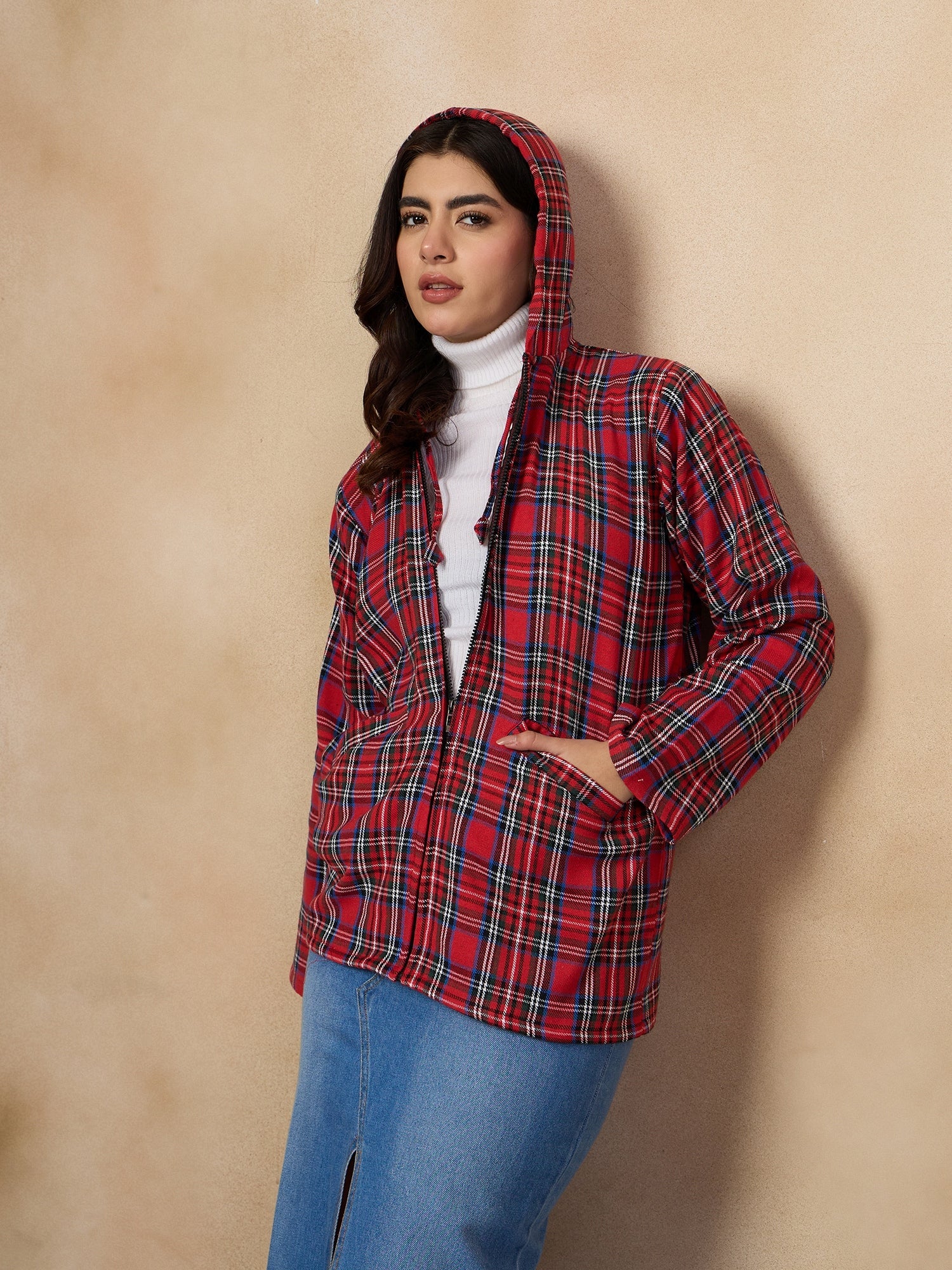 Women's Red Green Check Zipper Hoodie - InWeave