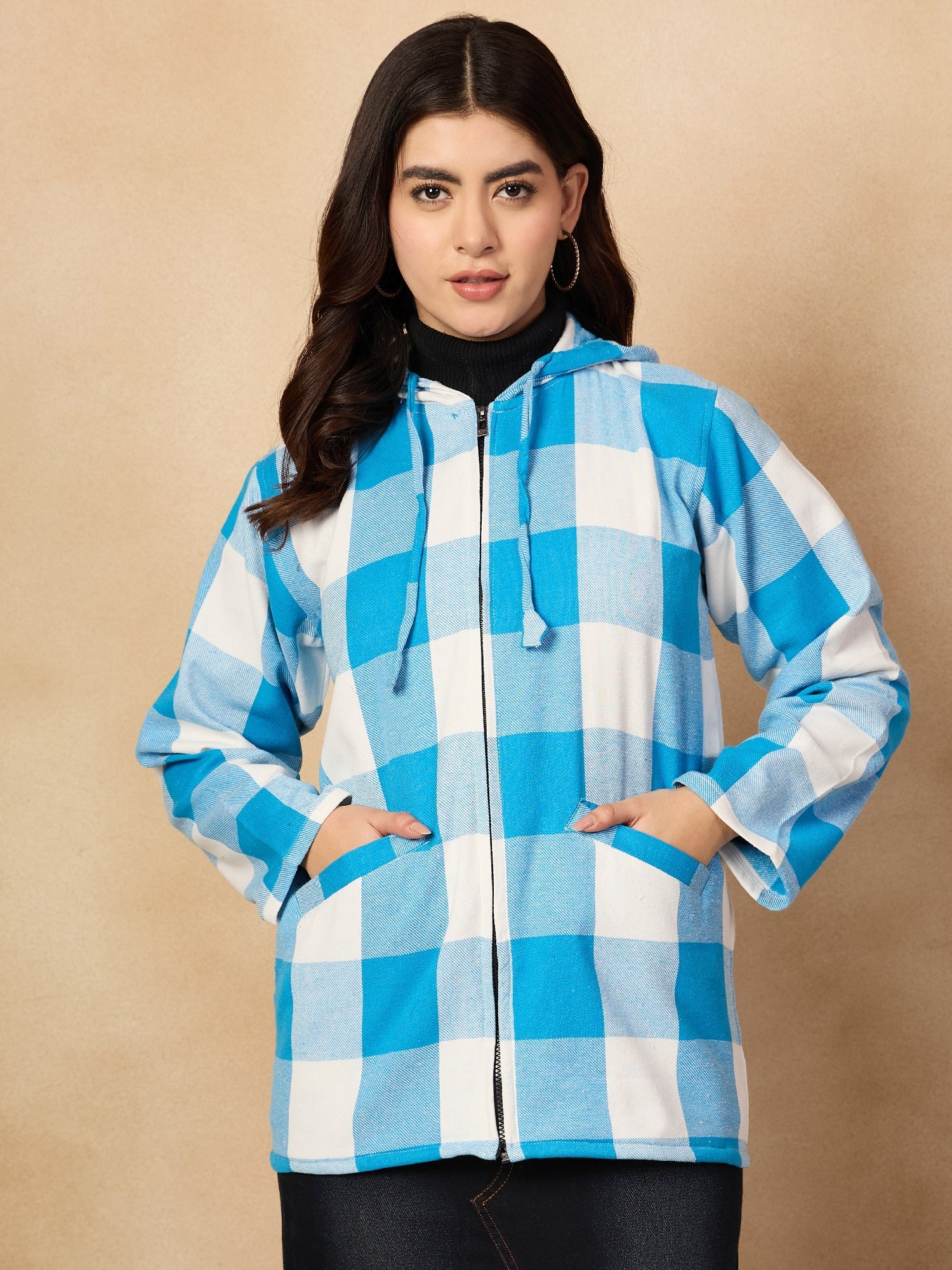 Women's Cyan Blue White Check Zipper Hoodie - InWeave