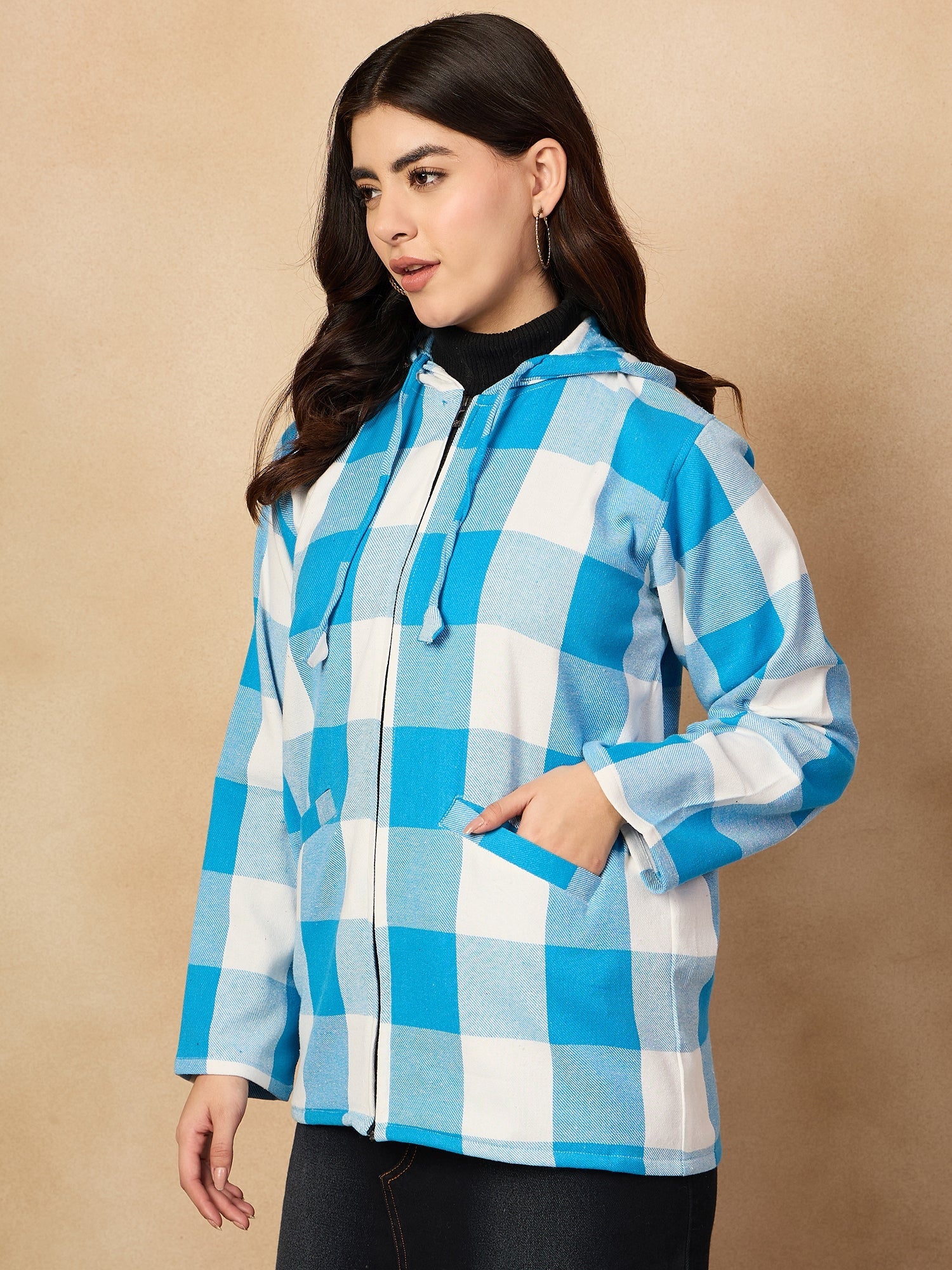 Women's Cyan Blue White Check Zipper Hoodie - InWeave