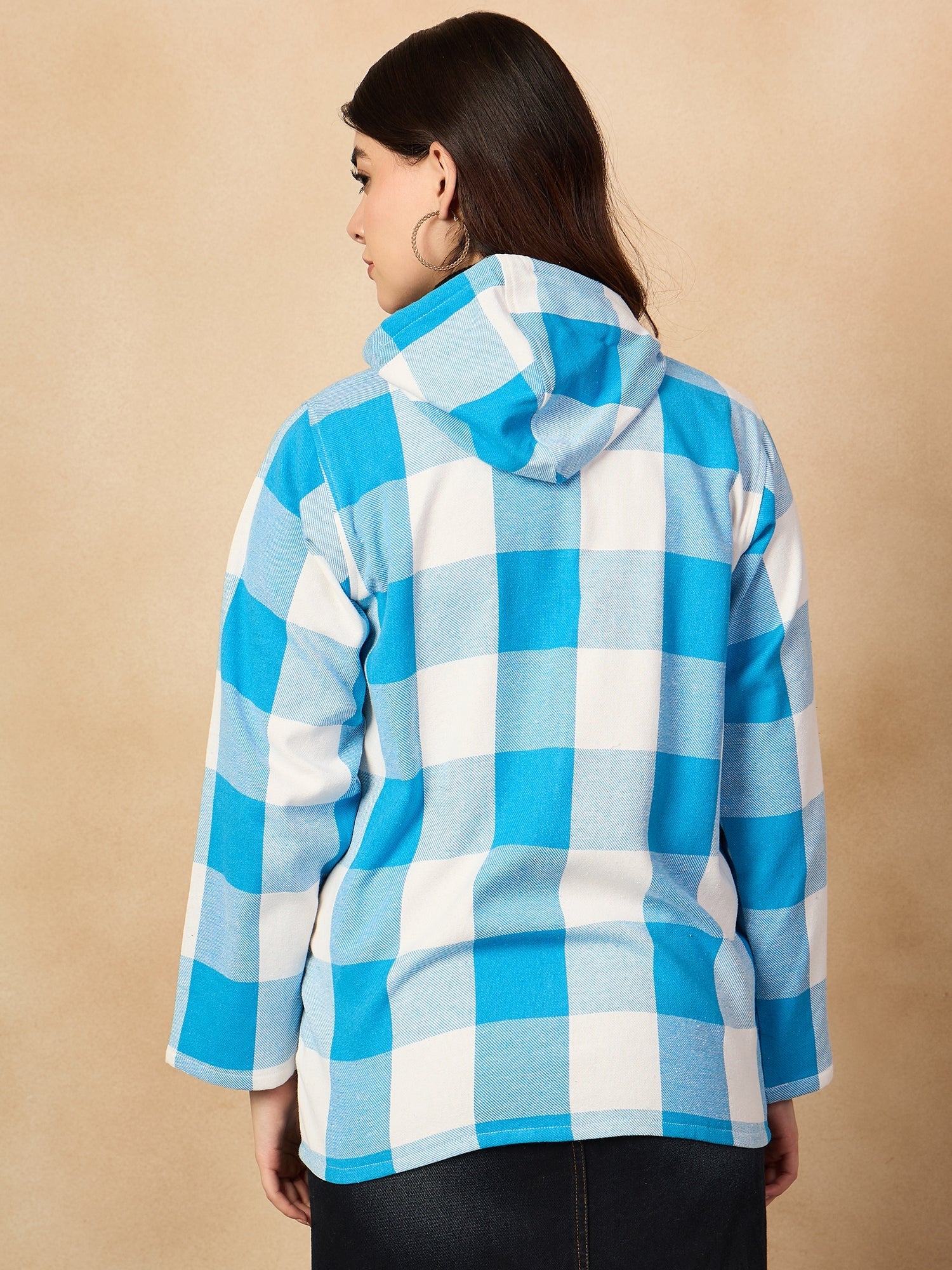 Women's Cyan Blue White Check Zipper Hoodie - InWeave