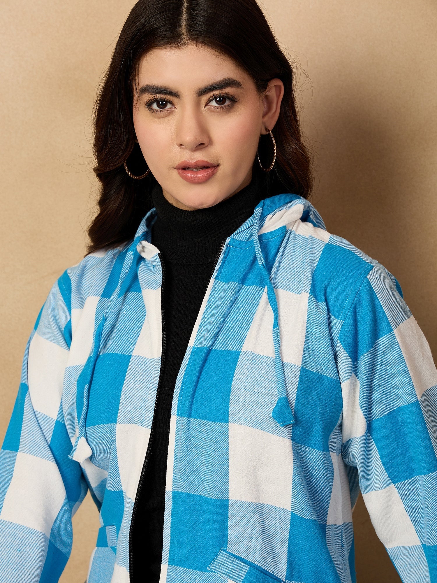 Women's Cyan Blue White Check Zipper Hoodie - InWeave