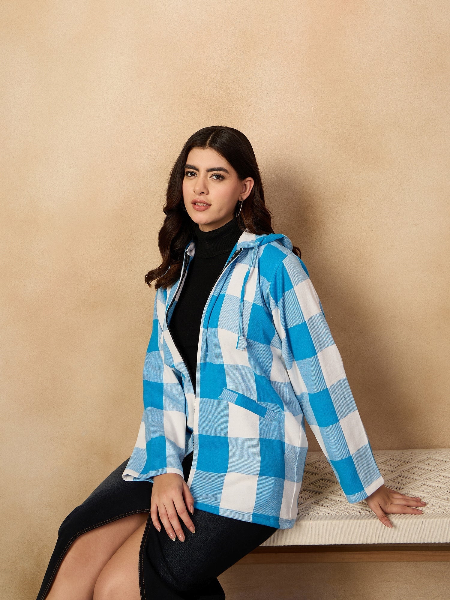 Women's Cyan Blue White Check Zipper Hoodie - InWeave