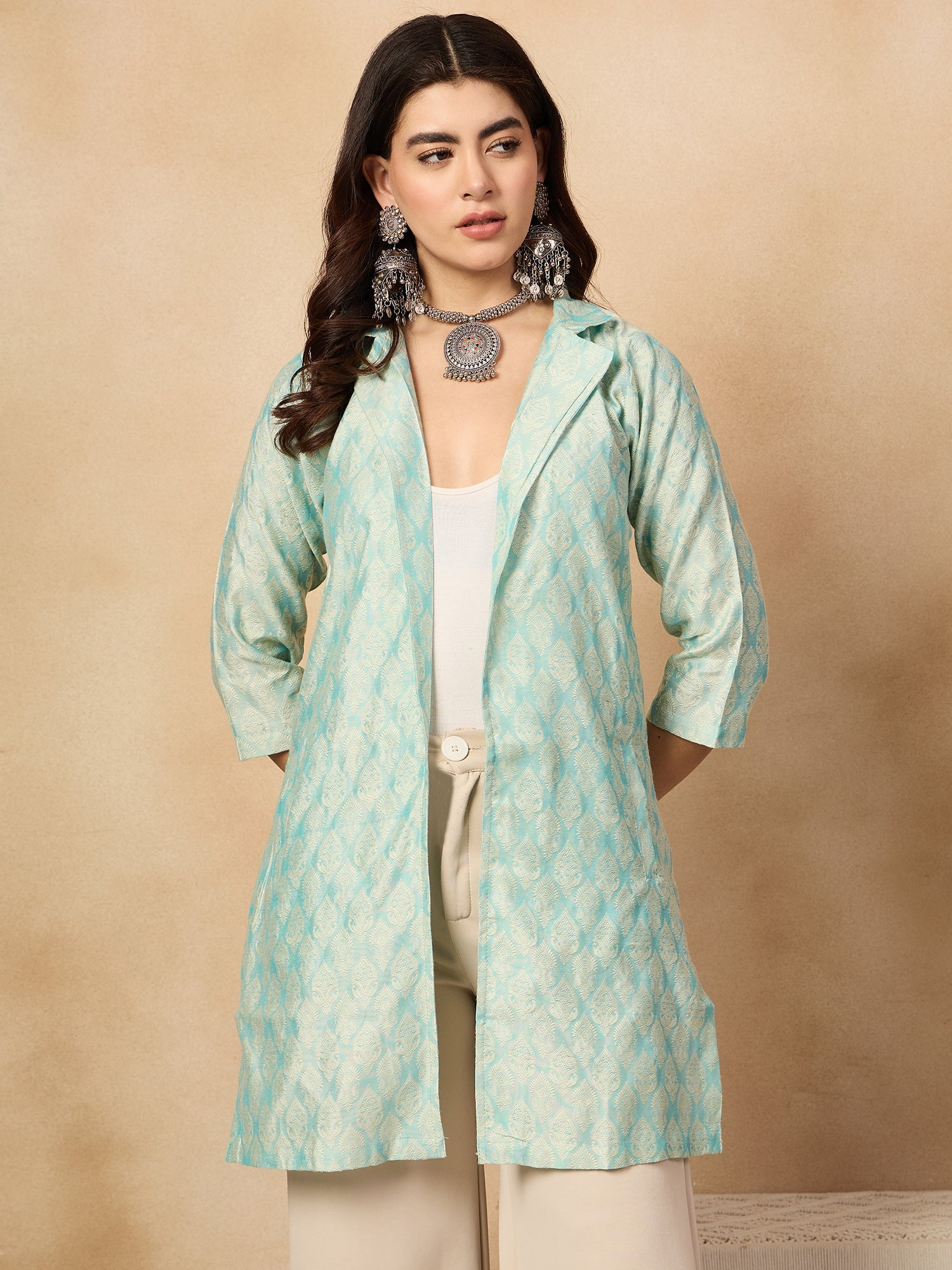 Women's Powder Blue Jacquard Jacket - InWeave