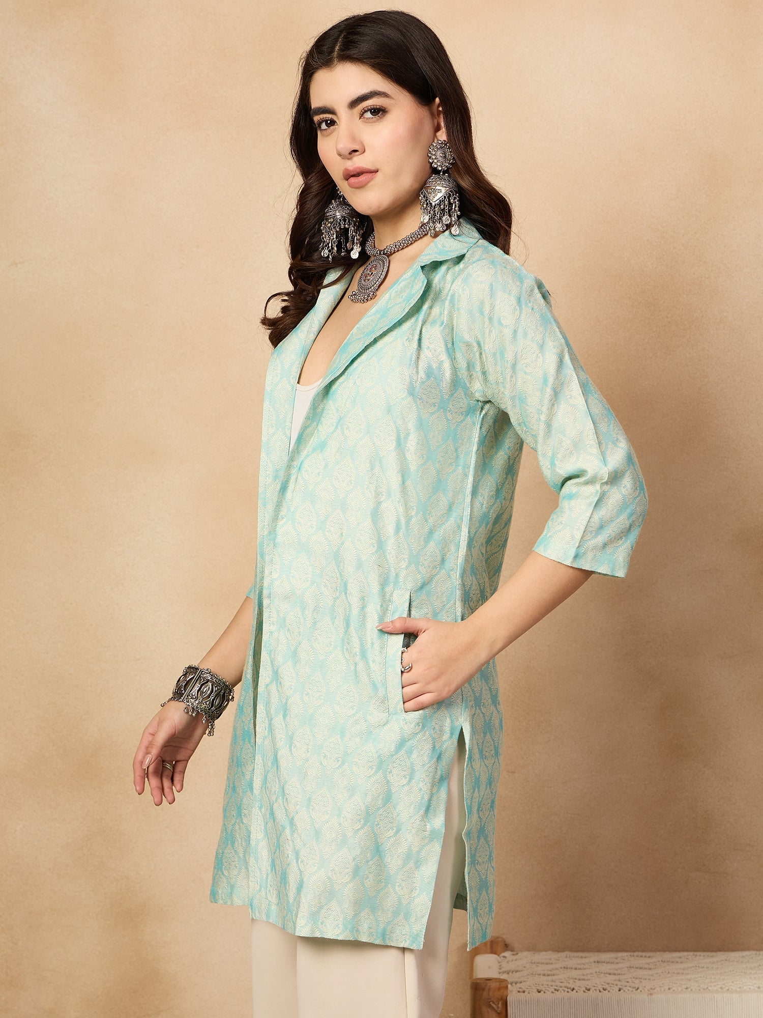 Women's Powder Blue Jacquard Jacket - InWeave