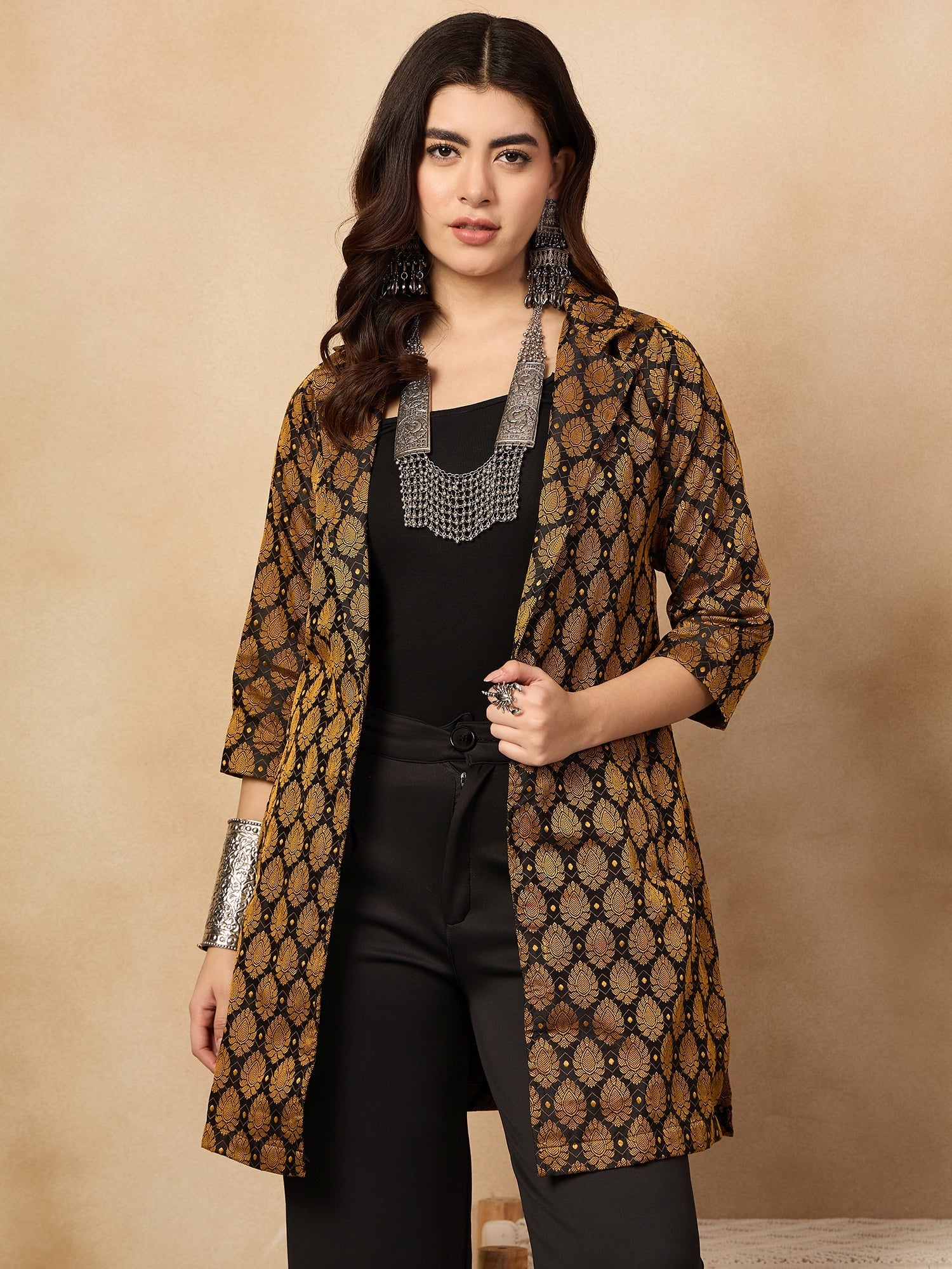 Women's Black Jacquard Jacket - InWeave